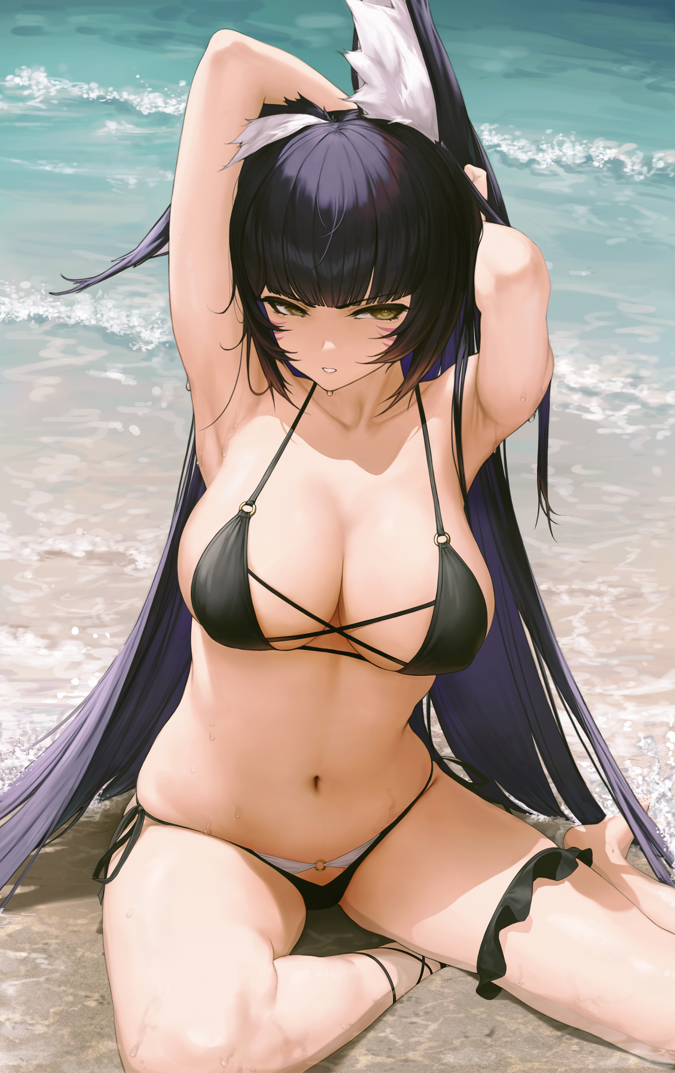 Anime 2338x3713 anime anime girls beach black hair portrait display bikini big boobs armpits animal ears water Musashi (Azur Lane) Azur Lane l ract artwork long hair