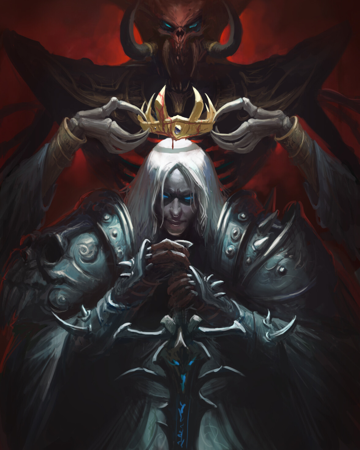 General 1175x1469 crown sword demon eyes blood Arthas Menethil Lich King portrait display armor World of Warcraft video games video game characters