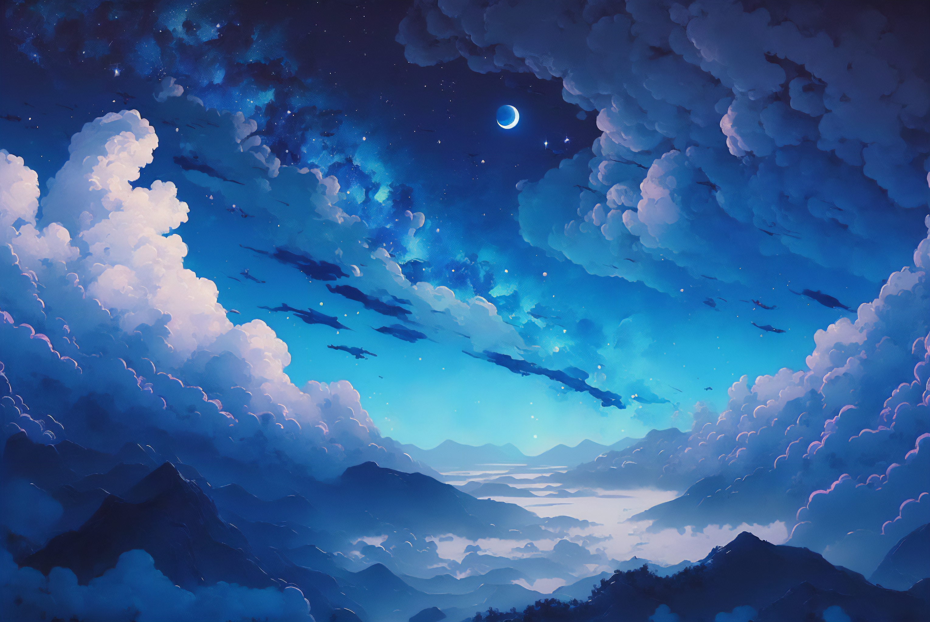 General 3060x2048 clouds Moon starry night stars mountains digital art