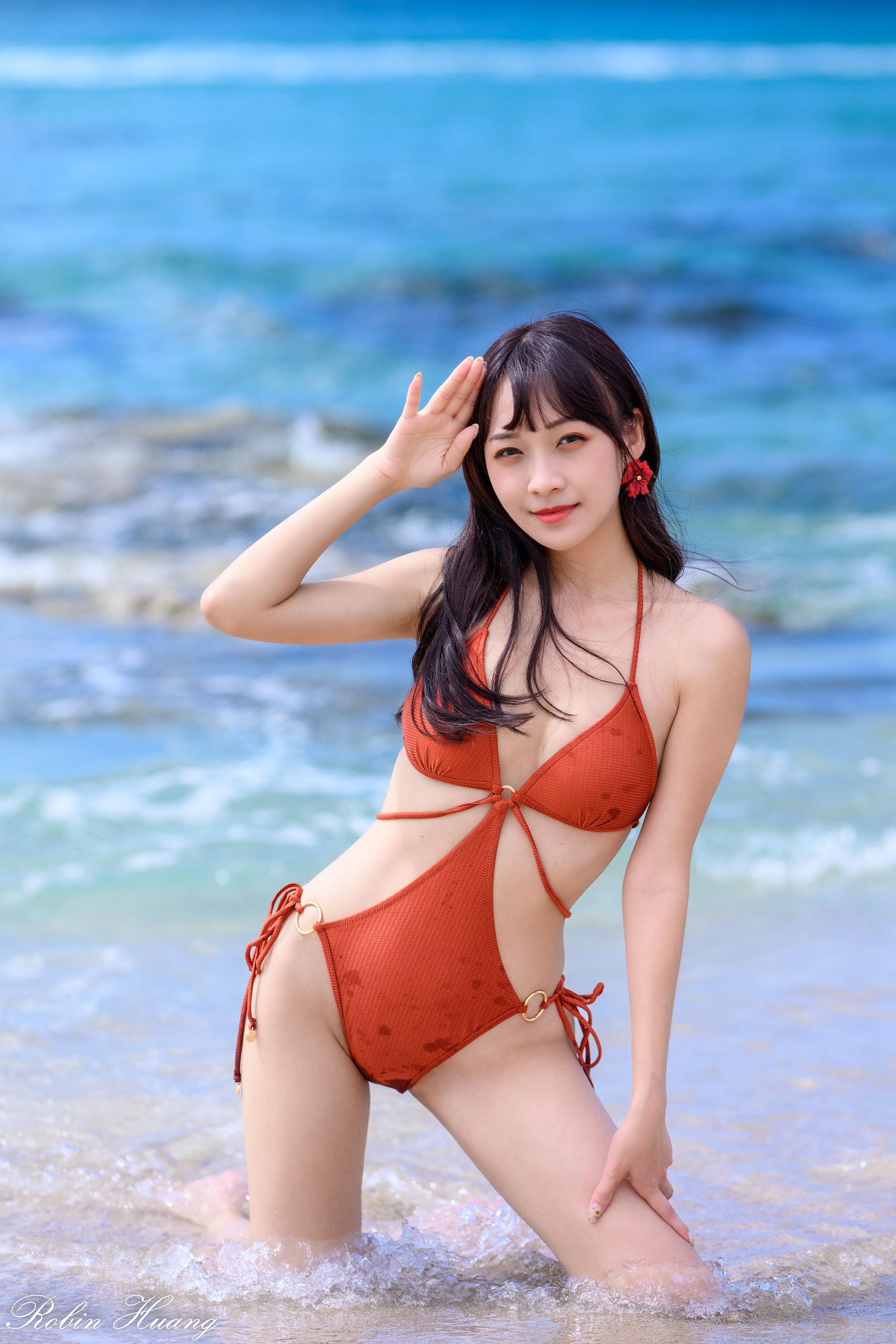 People 2048x3072 Robin Huang women Asian dark hair swimwear orange clothing beach makeup