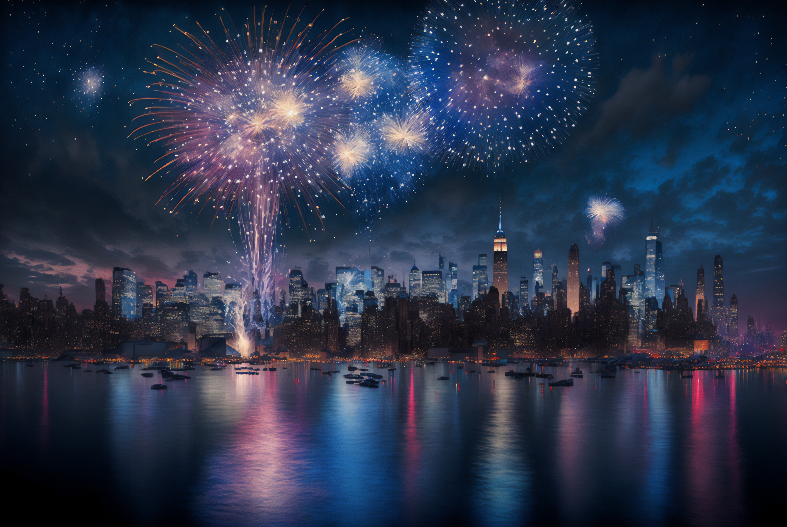 General 3060x2048 skyline fireworks water clouds New Year city city lights
