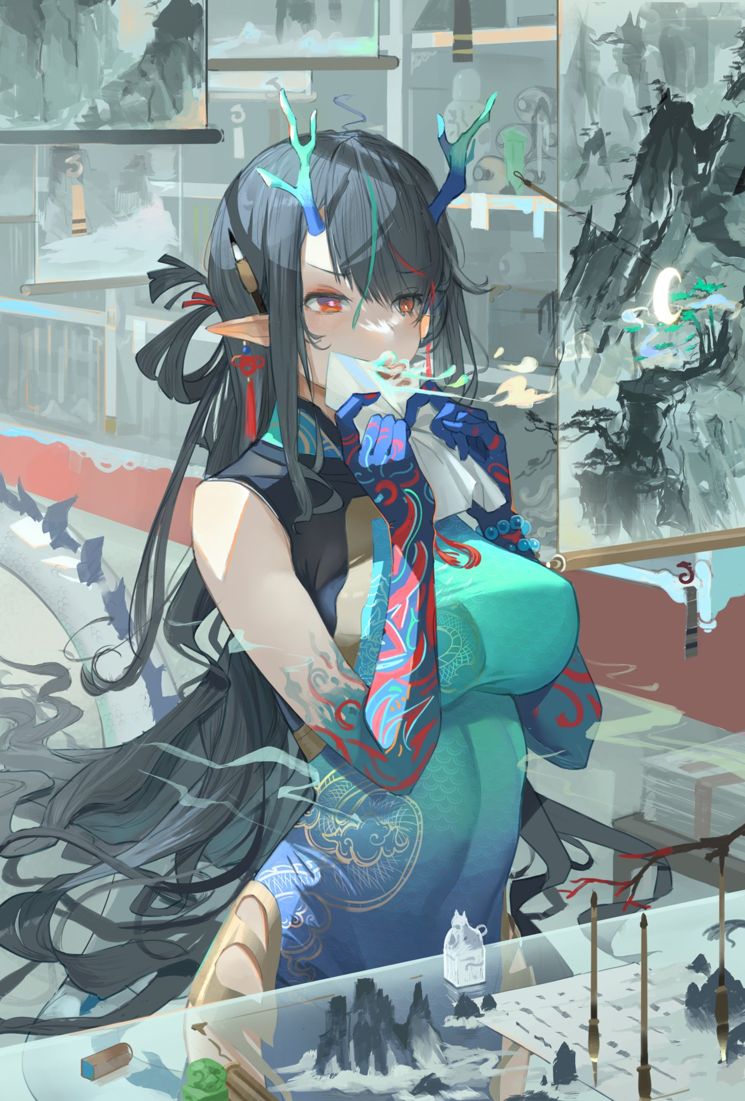 Anime 2570x3795 anime anime girls portrait display pointy ears Chinese dress horns long hair Dusk (Arknights) Arknights