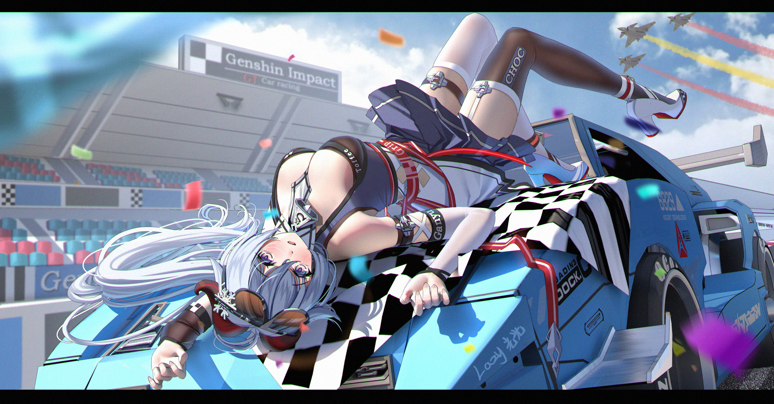 Anime 2556x1334 anime boobs Ganyu (Genshin Impact) Genshin Impact racing black stockings lying on back cleavage confetti car heels anime girls racer
