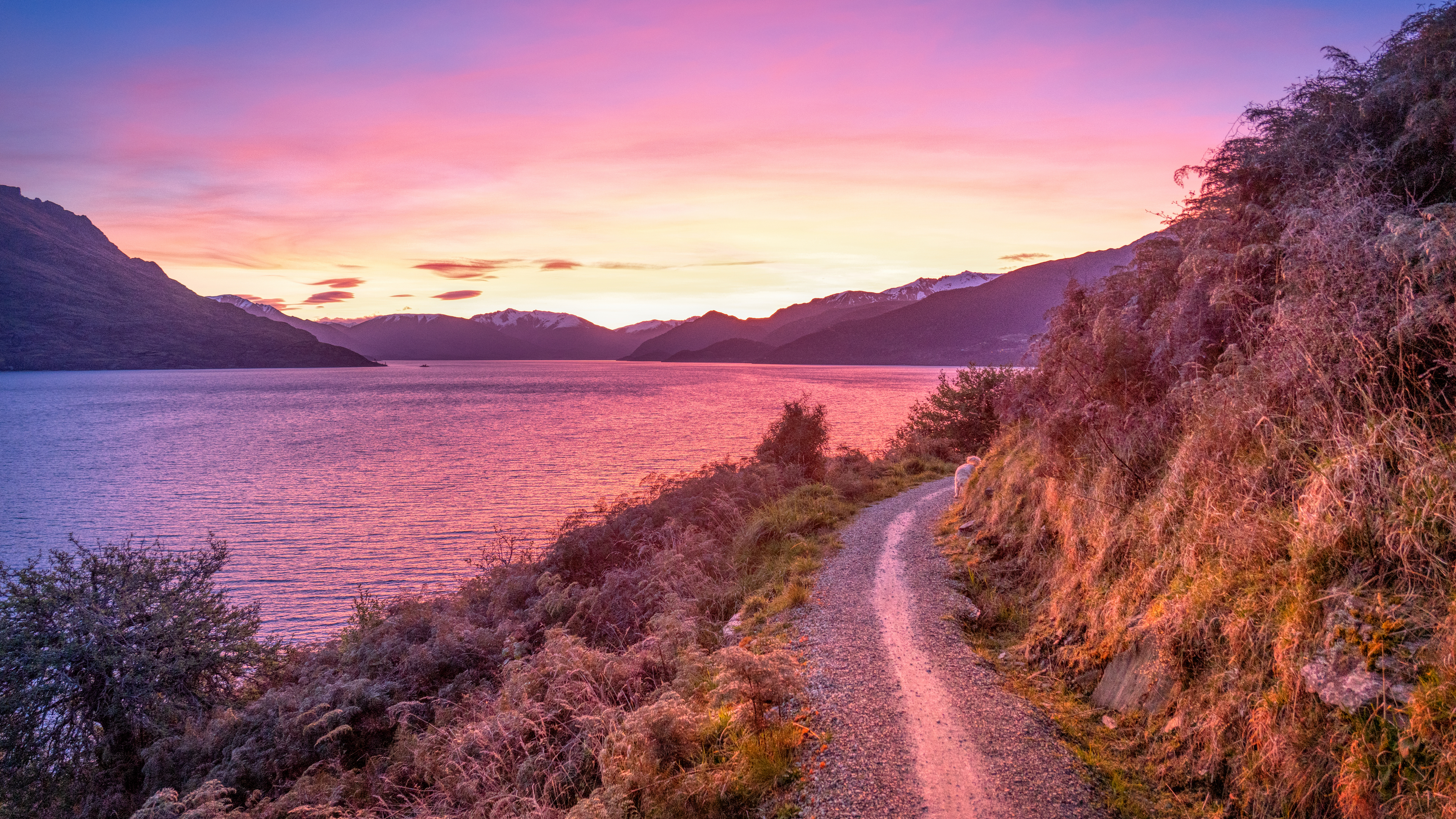 General 3840x2160 landscape 4K New Zealand nature path sunset glow water sea