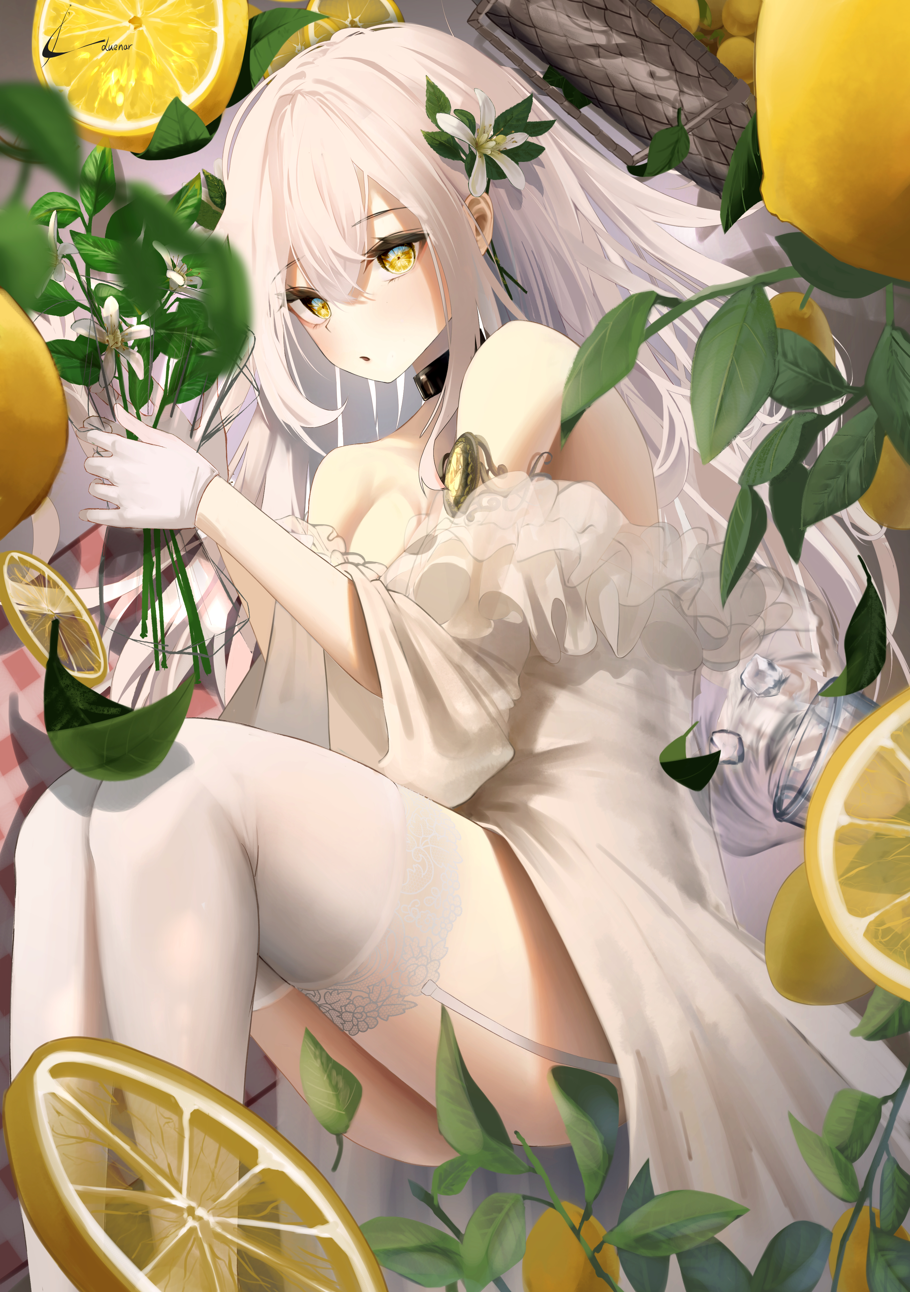 Anime 3148x4467 anime girls lemons choker white hair gloves fruit leaves flower in hair