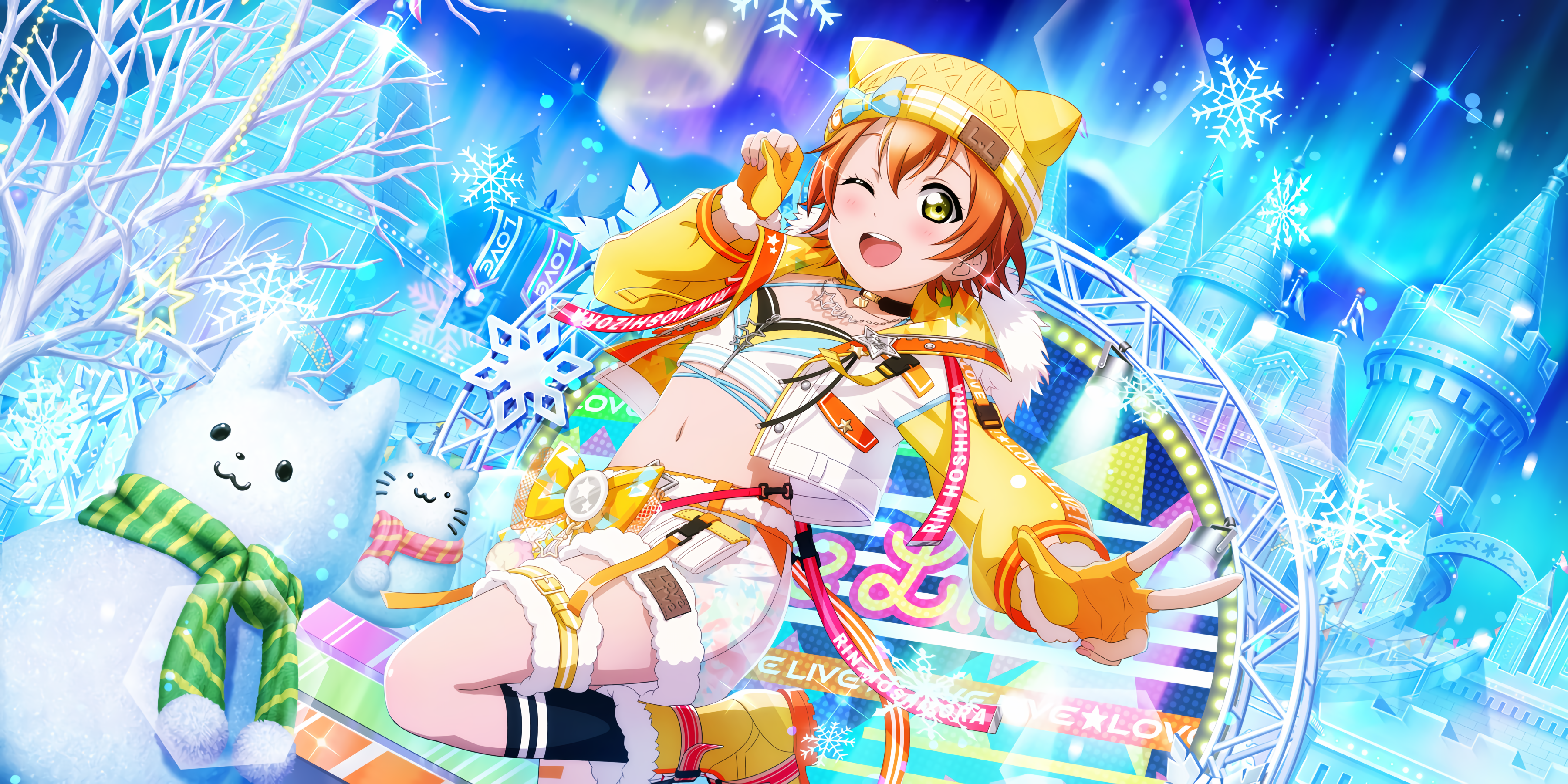 Anime 3600x1800 Hoshizora Rin Love Live! anime anime girls one eye closed hat gloves snow snowflakes scarf snowman fingerless gloves belly collar necklace aurorae