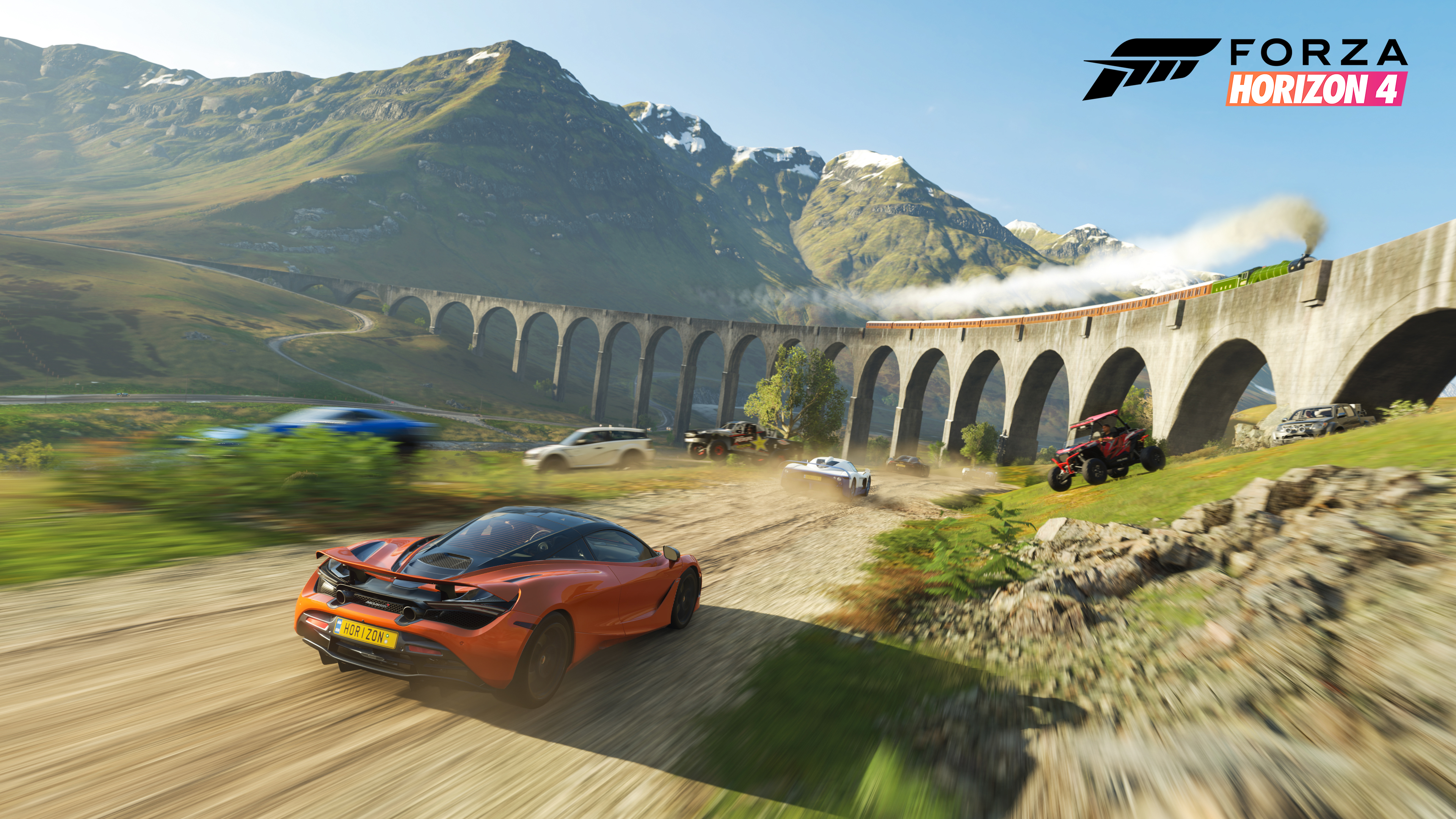 General 3840x2160 Forza Horizon 4 video games car McLaren 720S motion blur licence plates logo path train mountains