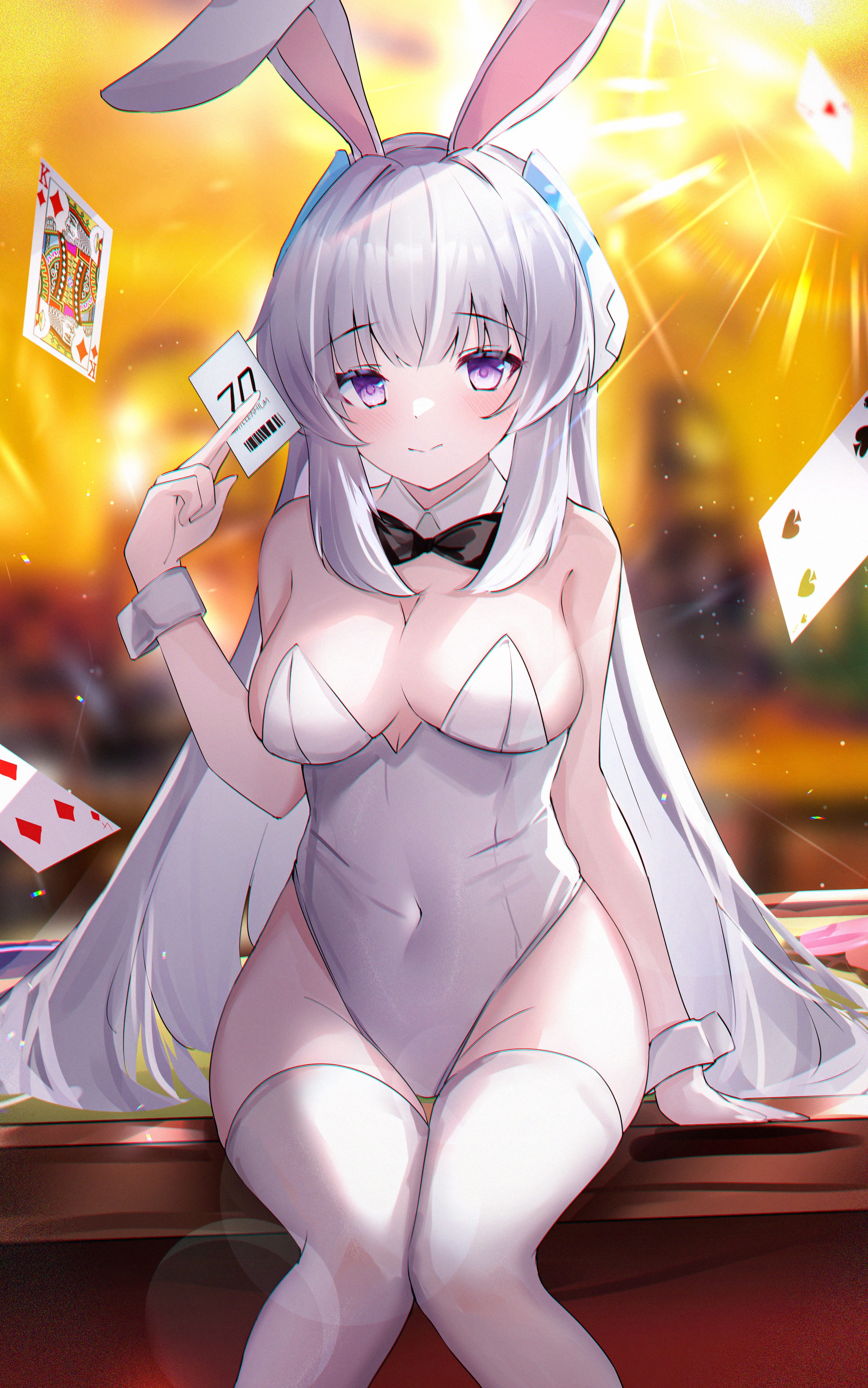 Anime 2194x3508 anime anime girls bunny suit bunny ears stockings cleavage cards purple eyes bow tie big boobs casino