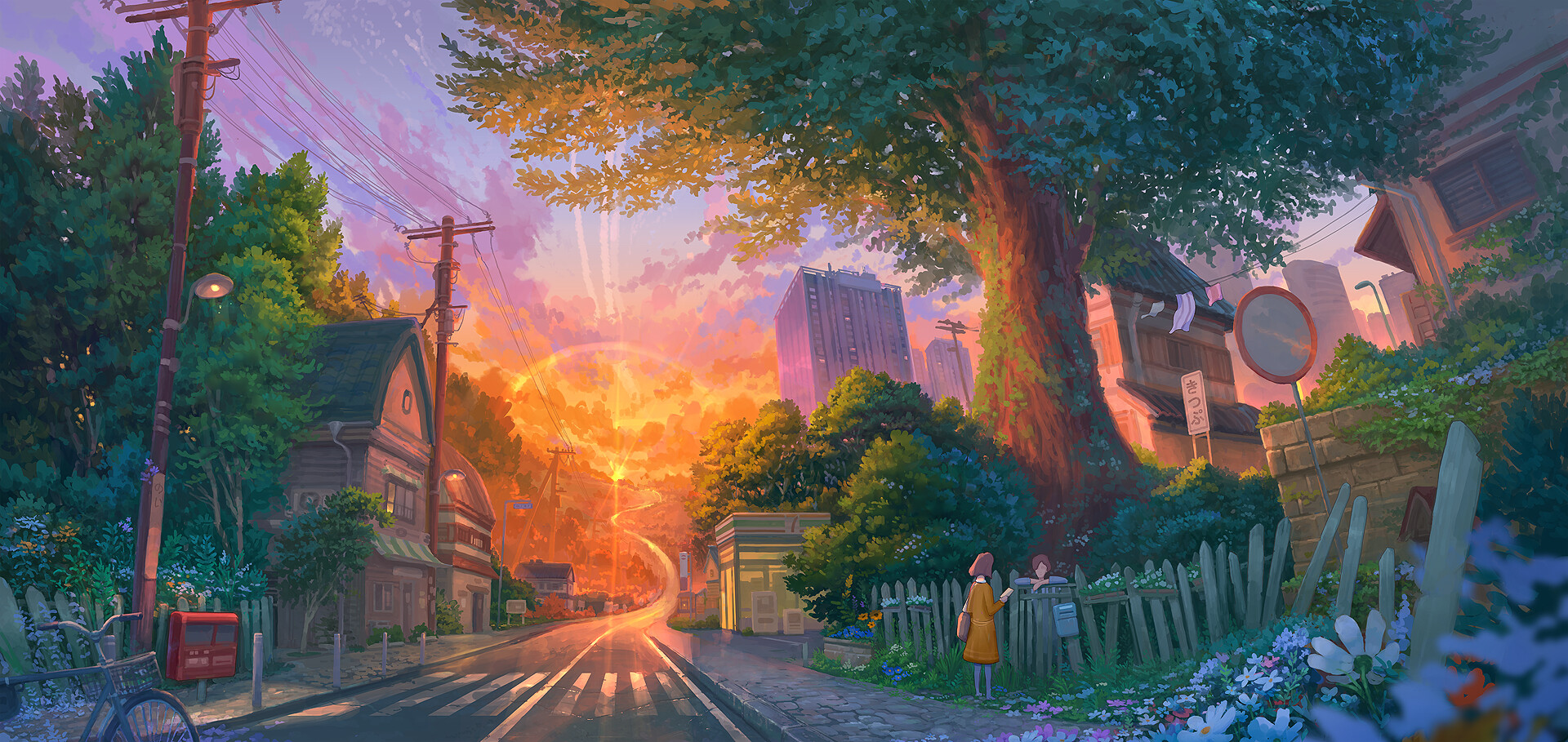 Anime 1920x909 artwork digital art trees sunset crosswalk anime sunset glow