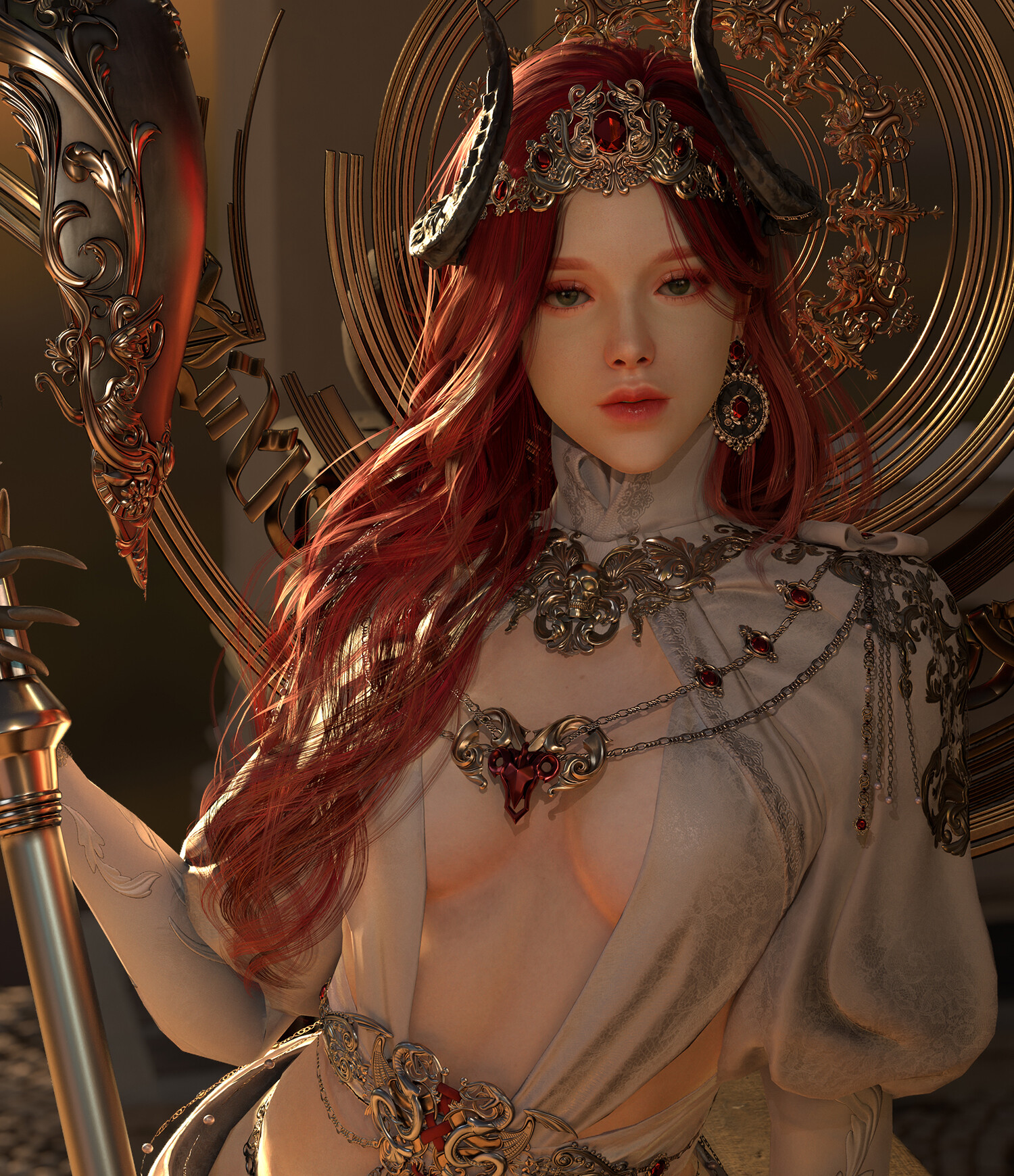 General 1500x1740 digital art artwork illustration demon fantasy art fantasy girl redhead demon horns horns character design  crown