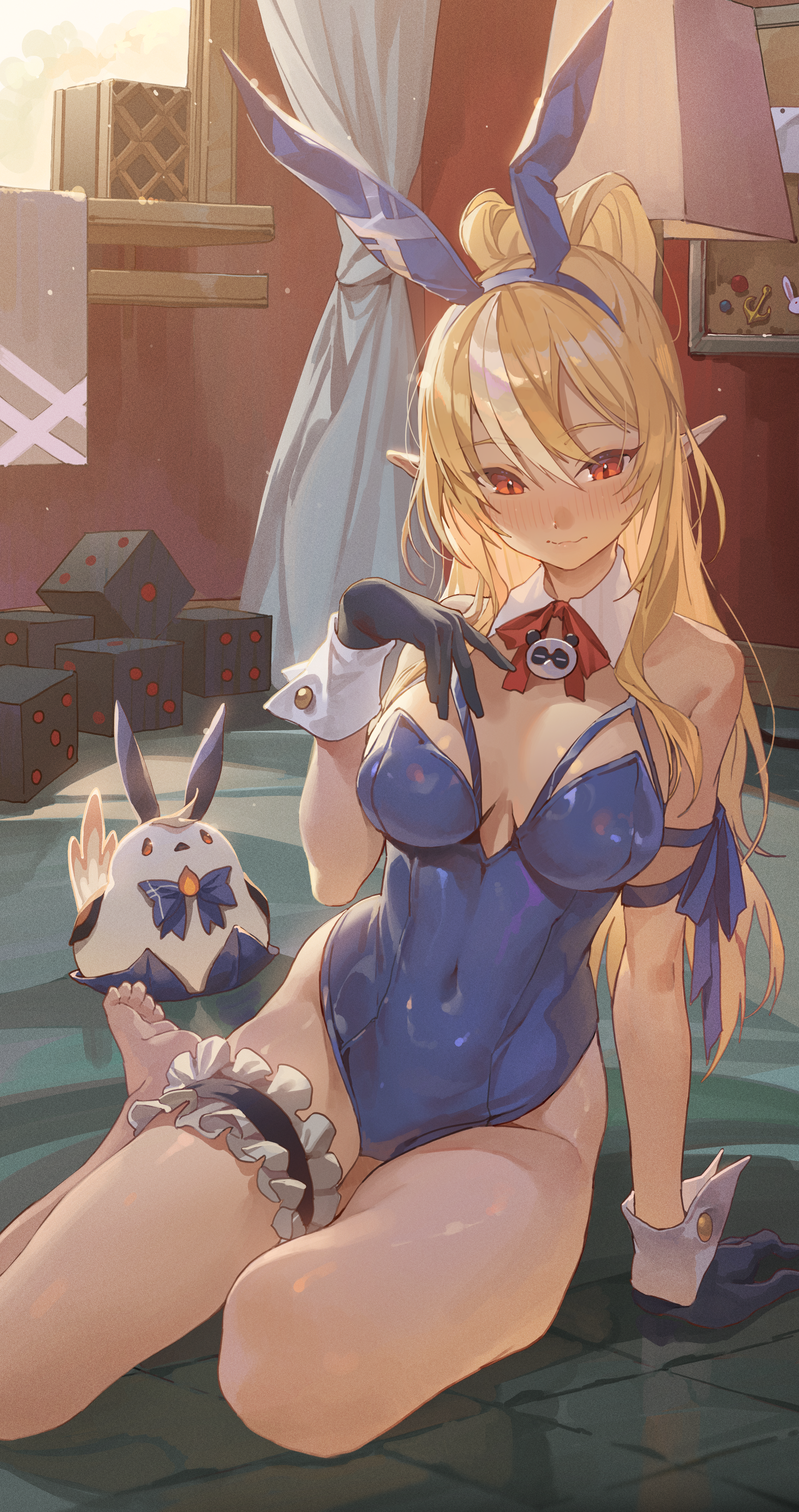 Anime 1726x3266 Virtual Youtuber Hololive Shiranui Flare anime girls Hong bunny suit bunny ears pointy ears red eyes blonde gloves dice