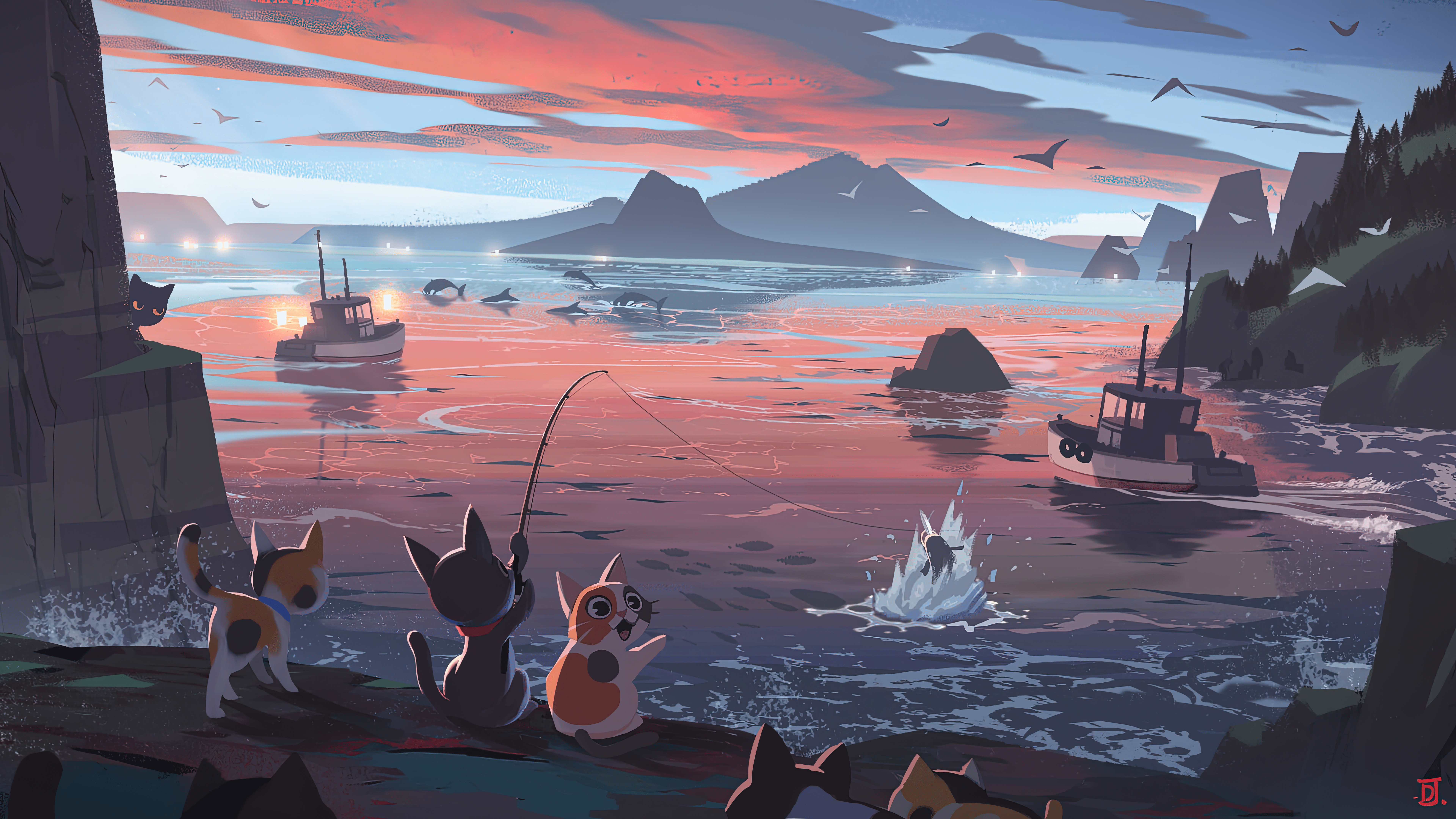 Anime 7680x4320 cats fishing coast dolphin ship fish digital art HUMOR boat sunset water sunset glow mountains