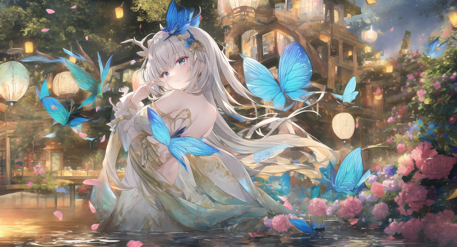 Anime 1536x832 anime girls anime water underwater long hair fantasy architecture chinese dress standing in water butterfly flowers blue eyes