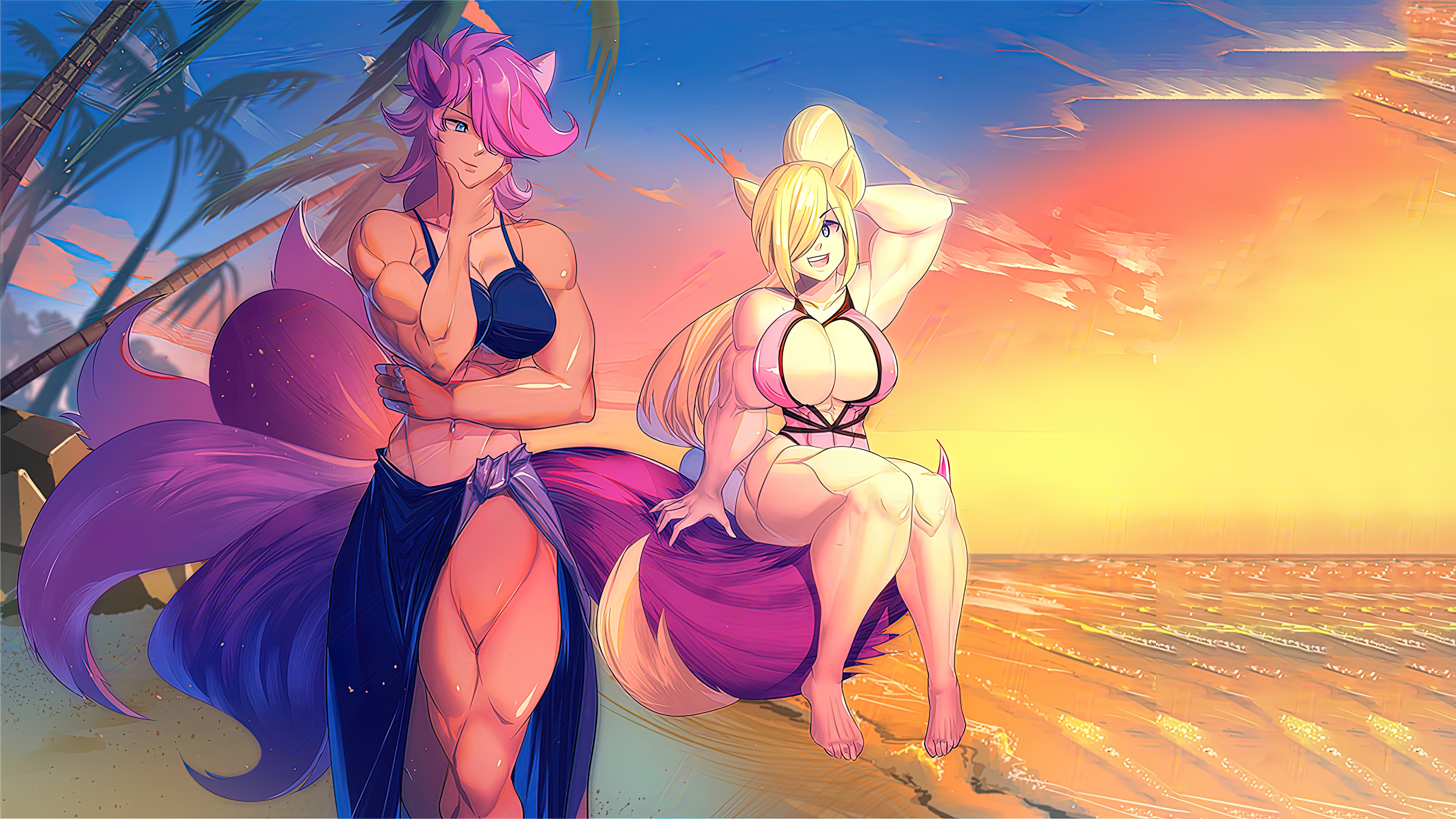 Anime 3840x2160 muscles muscular anime girls toned female artwork strong woman fox girl fox ears fox tail sunset glow water cleavage