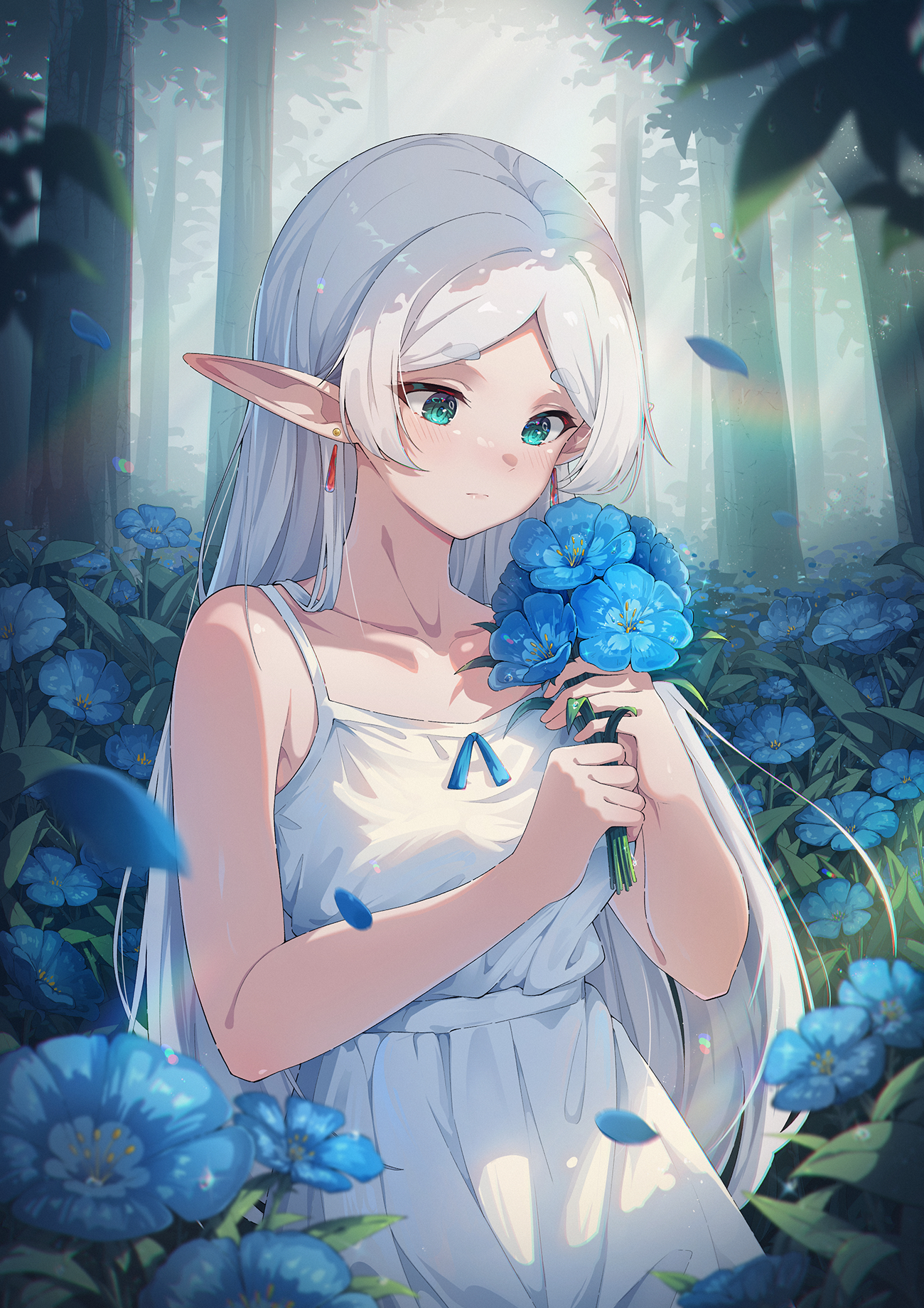 Anime 1300x1839 Sousou No Frieren Frieren portrait display anime girls pointy ears closed mouth aqua eyes blue flowers white hair white dress long hair blushing Xiayou Sieg forest petals bouquet