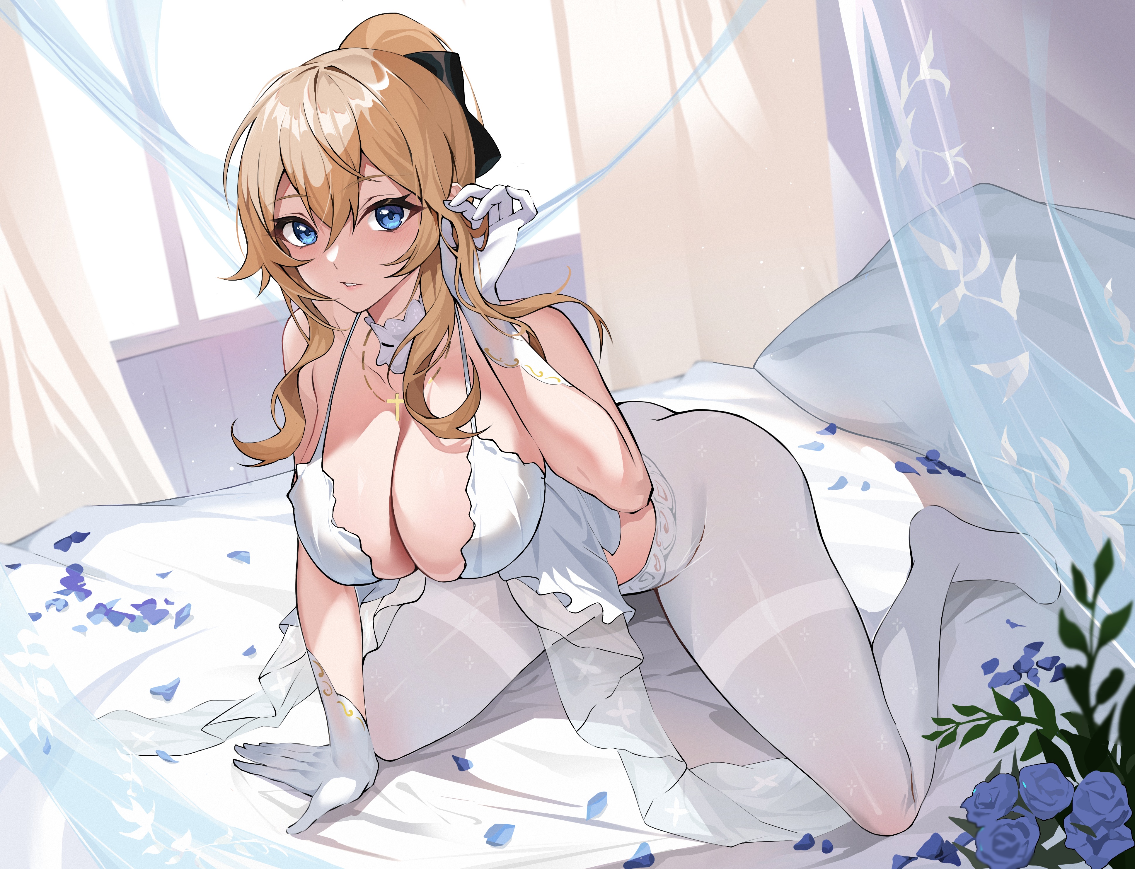 Anime 3874x2967 anime anime girls petals big boobs blue eyes blonde Jean (Genshin Impact) Genshin Impact white pantyhose