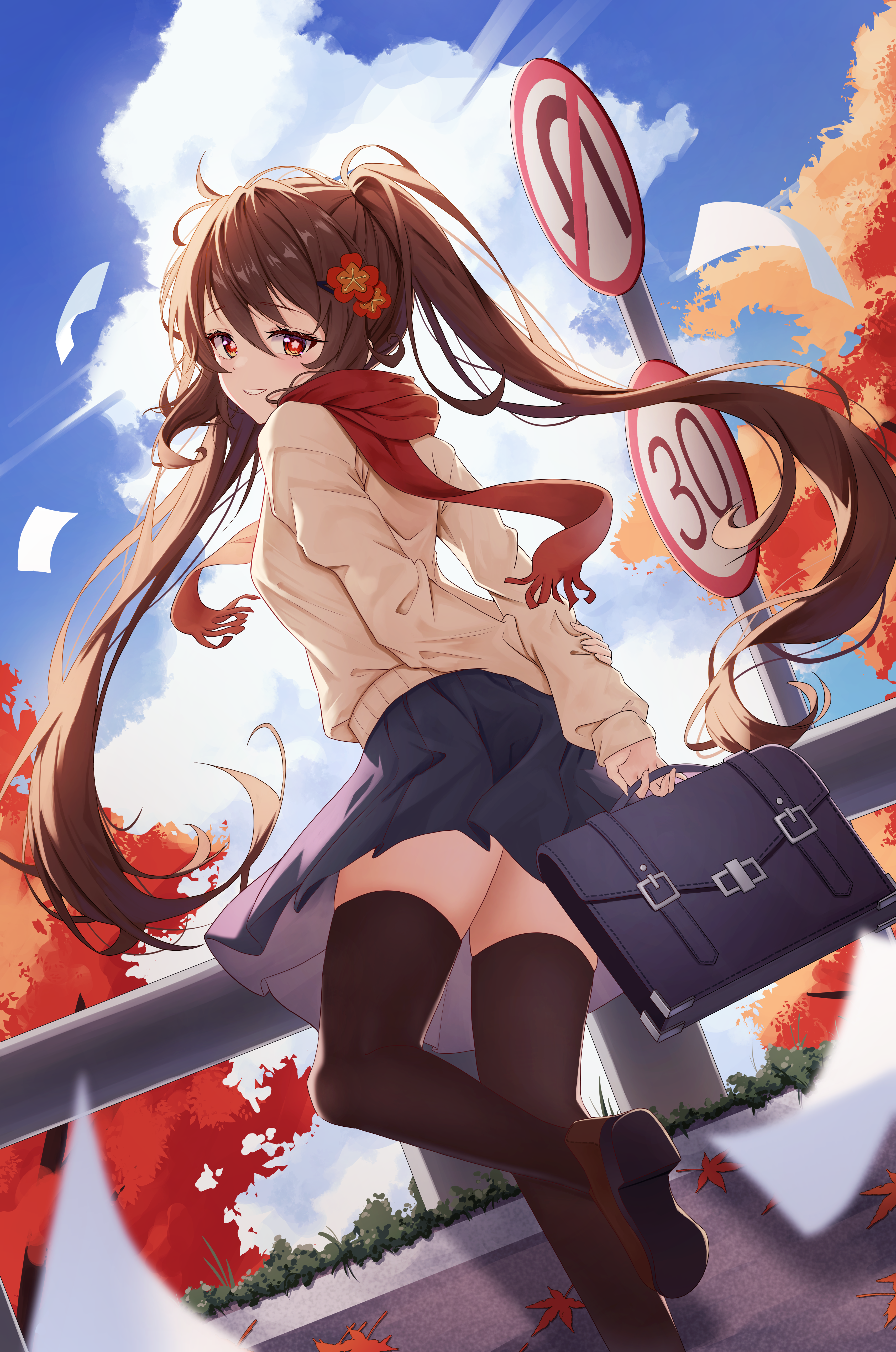 Anime 3413x5148 anime anime girls Hu Tao (Genshin Impact) Genshin Impact brunette red eyes stockings sign women outdoors skirt long hair looking at viewer legs numbers scarf fall windy twintails low-angle looking below looking back