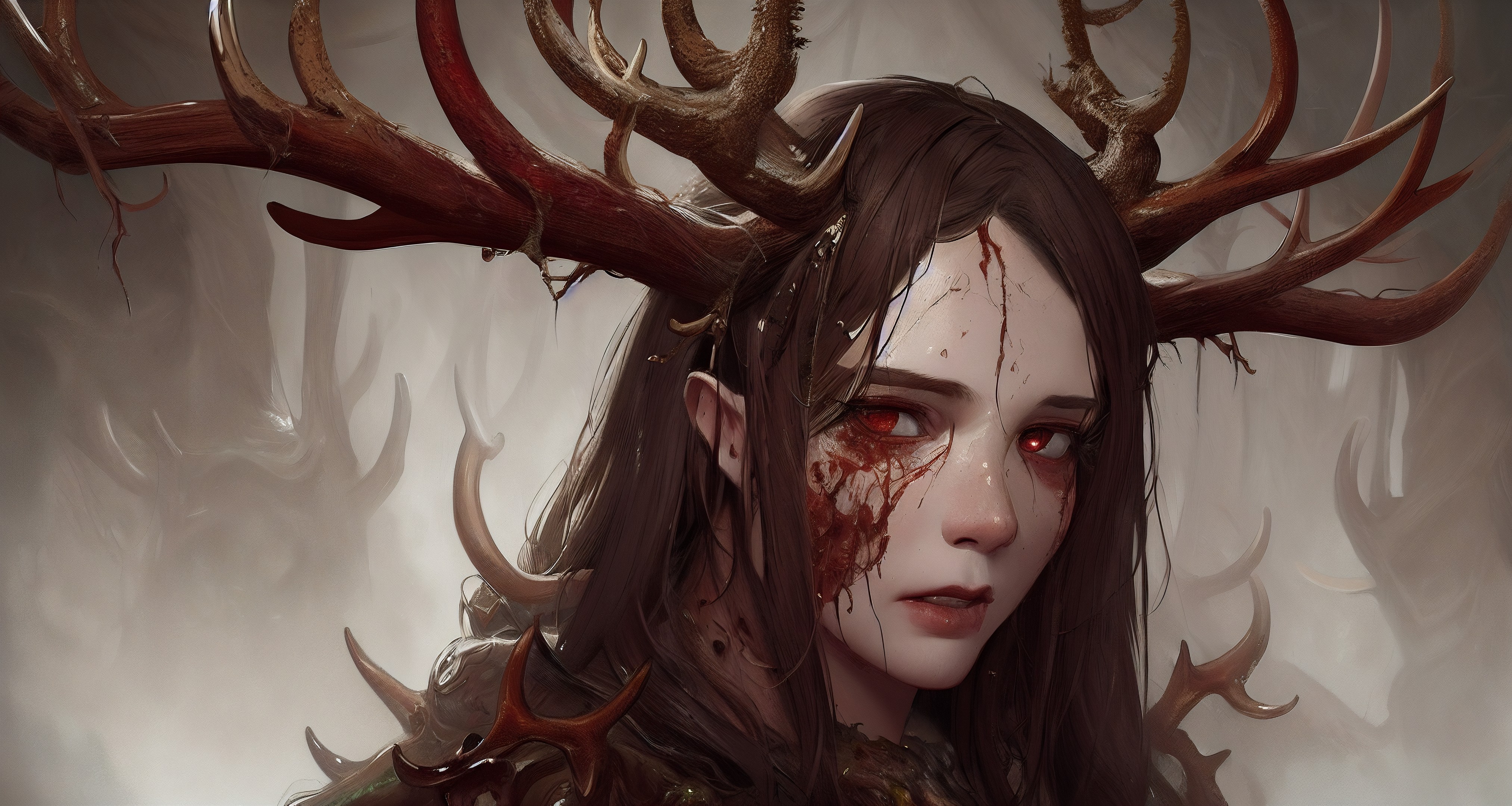 General 4050x2160 women antlers looking at viewer long hair fantasy girl red eyes face blood horns fantasy art AI art Stable Diffusion