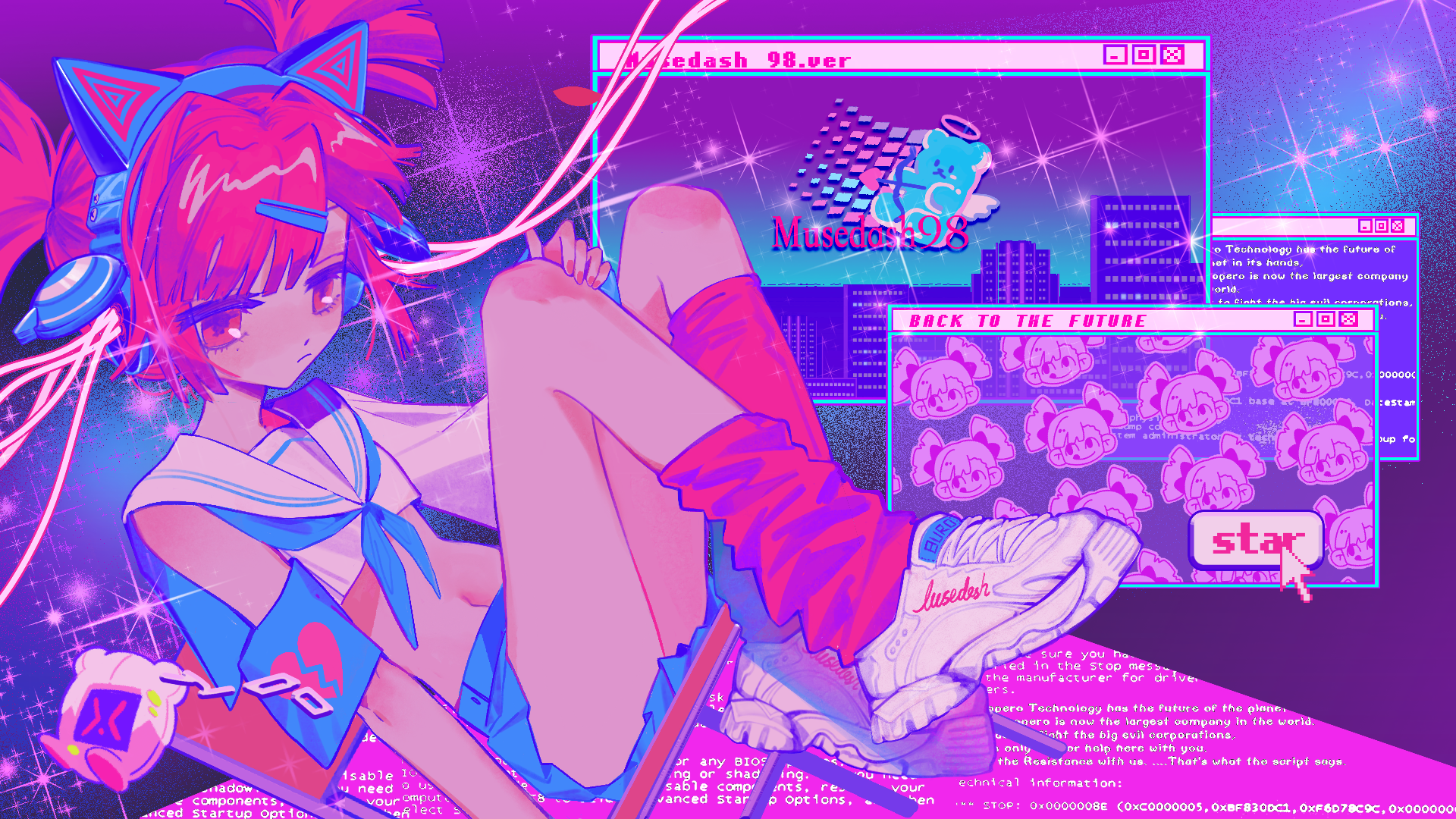 Anime 1920x1080 MuseDash anime girls gamer music colorful headphones cat ears vaporwave