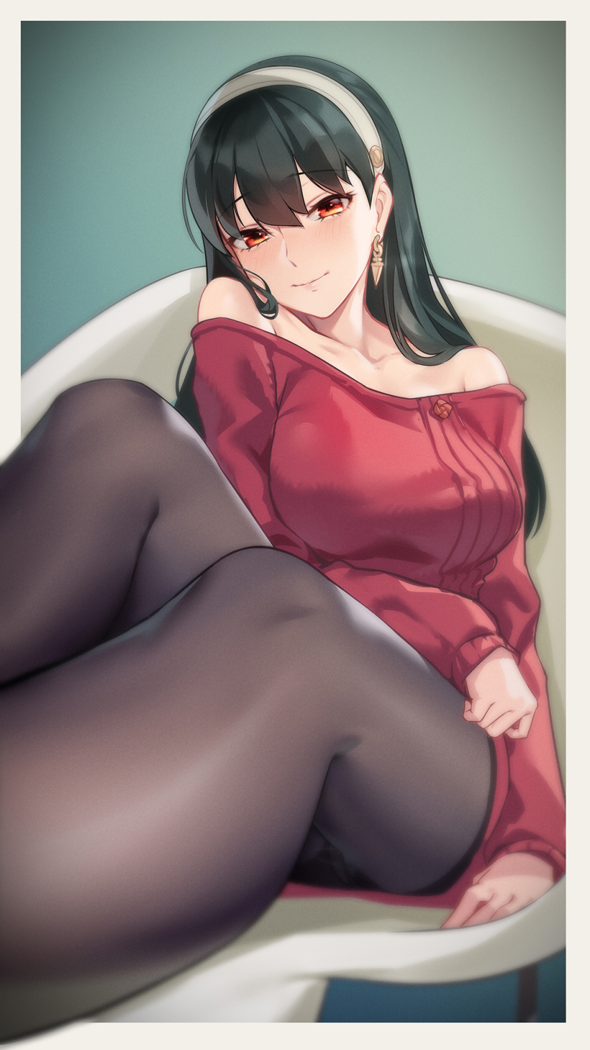 Anime 850x1511 anime anime girls Yor Forger Spy x Family Iandrea portrait display looking at viewer smiling long hair bare shoulders collarbone pantyhose black hair red eyes sitting chair earring hair between eyes sweater blushing