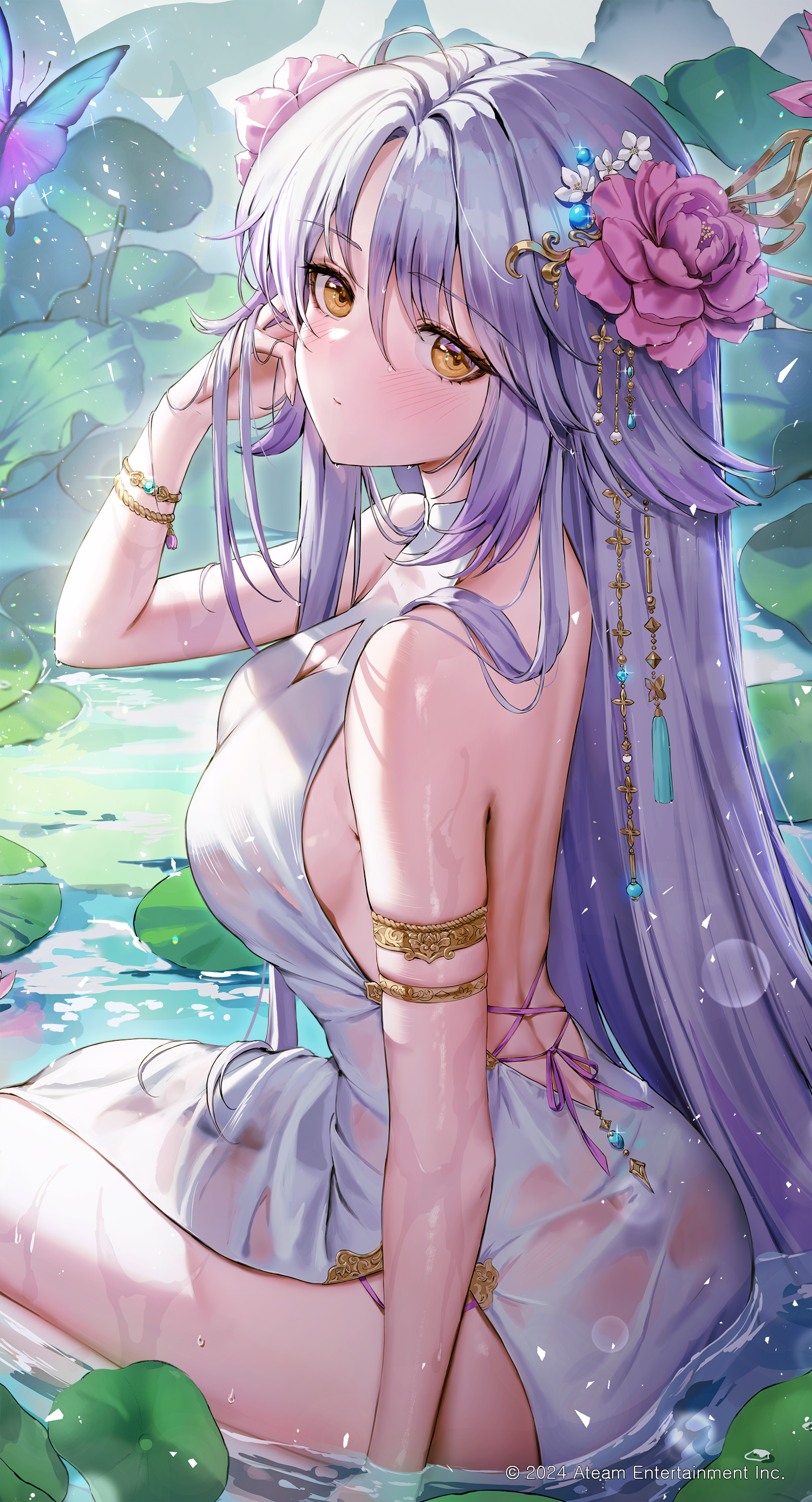 Anime 1500x2774 Sangoku Taisen Smash ! portrait display long hair looking back purple eyes looking at viewer water white dress yellow eyes Jademoon closed mouth big boobs wet clothing sitting hair ornament hand(s) in hair bareback water lilies watermarked butterfly women outdoors wet body cleavage cutout wet thighs back