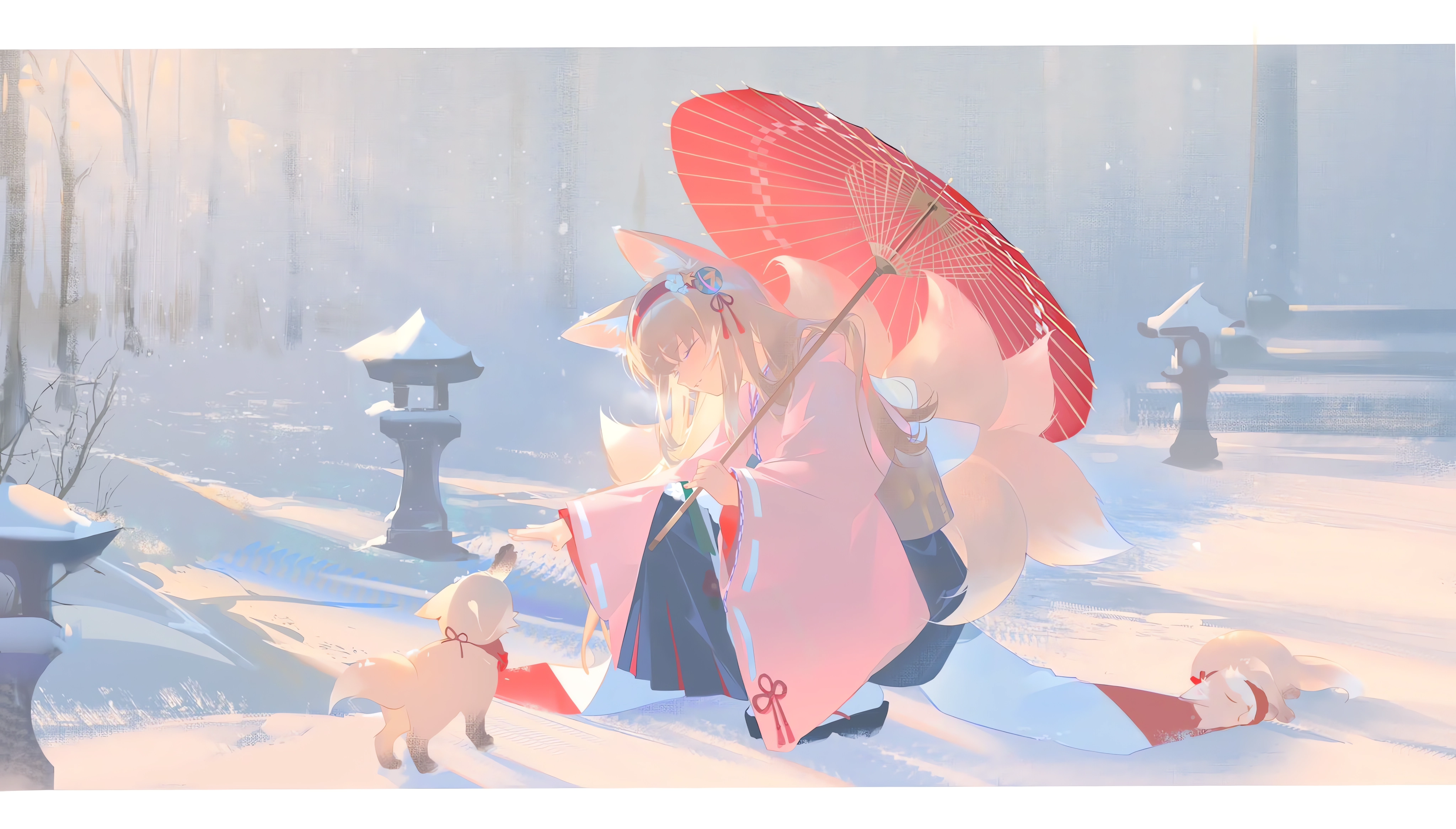 Anime 4096x2332 anime anime girls parasol cats animal ears snow