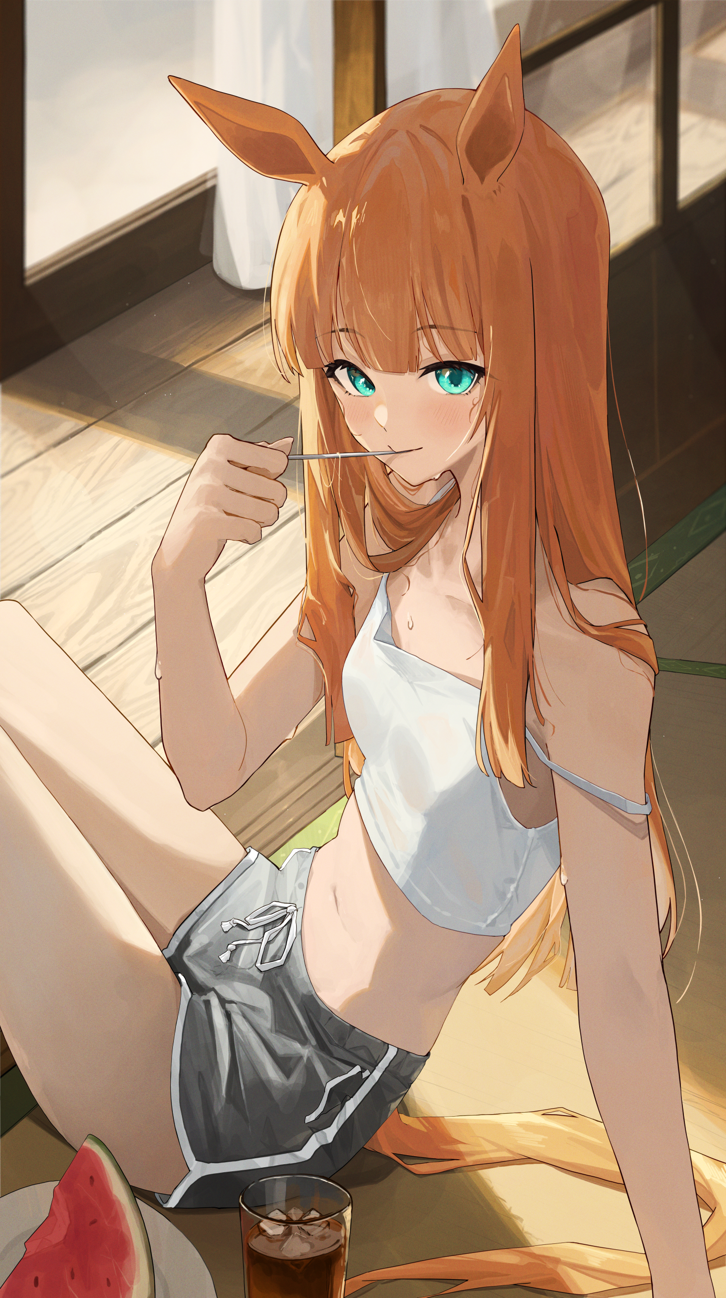 Anime 1449x2591 anime anime girls 2D petite looking at viewer portrait portrait display belly button bare midriff slim body artwork small boobs crop top dolphin shorts