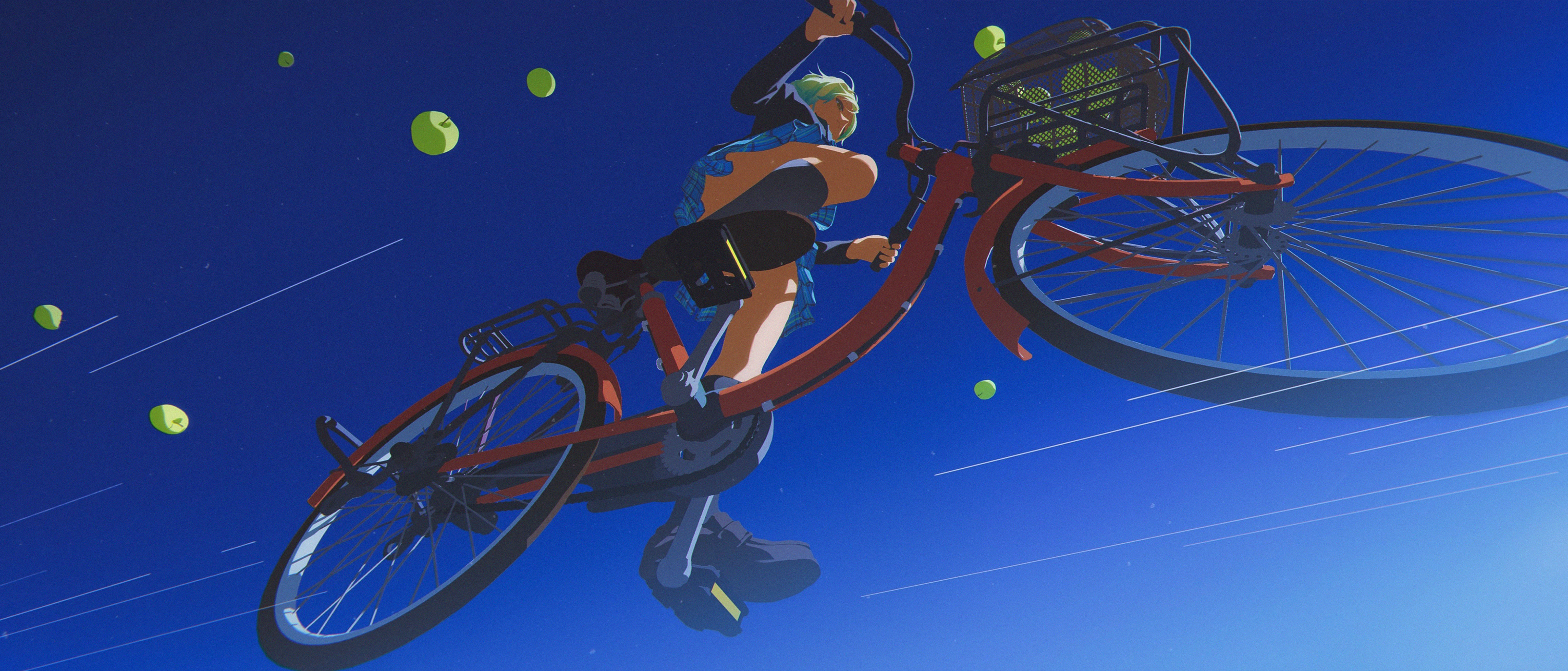 Anime 4593x1966 anime anime girls bicycle apples green hair sky