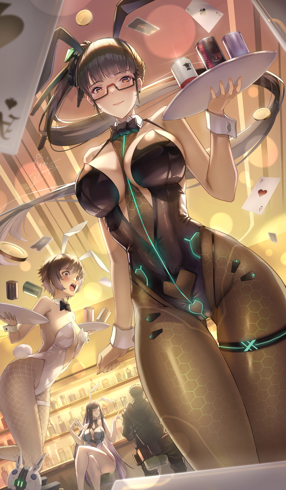 Anime 1000x1714 Stellar Blade bunny suit portrait display bunny girl Eve (Stellar Blade) bow tie Lily (Stellar Blade) fishnet Raven (Stellar Blade) cards looking at viewer leotard glasses women indoors big boobs legs crossed fishnet pantyhose tail pantyhose thigh strap GaiNoob bunny ears bunny tail gold coins bar can drink