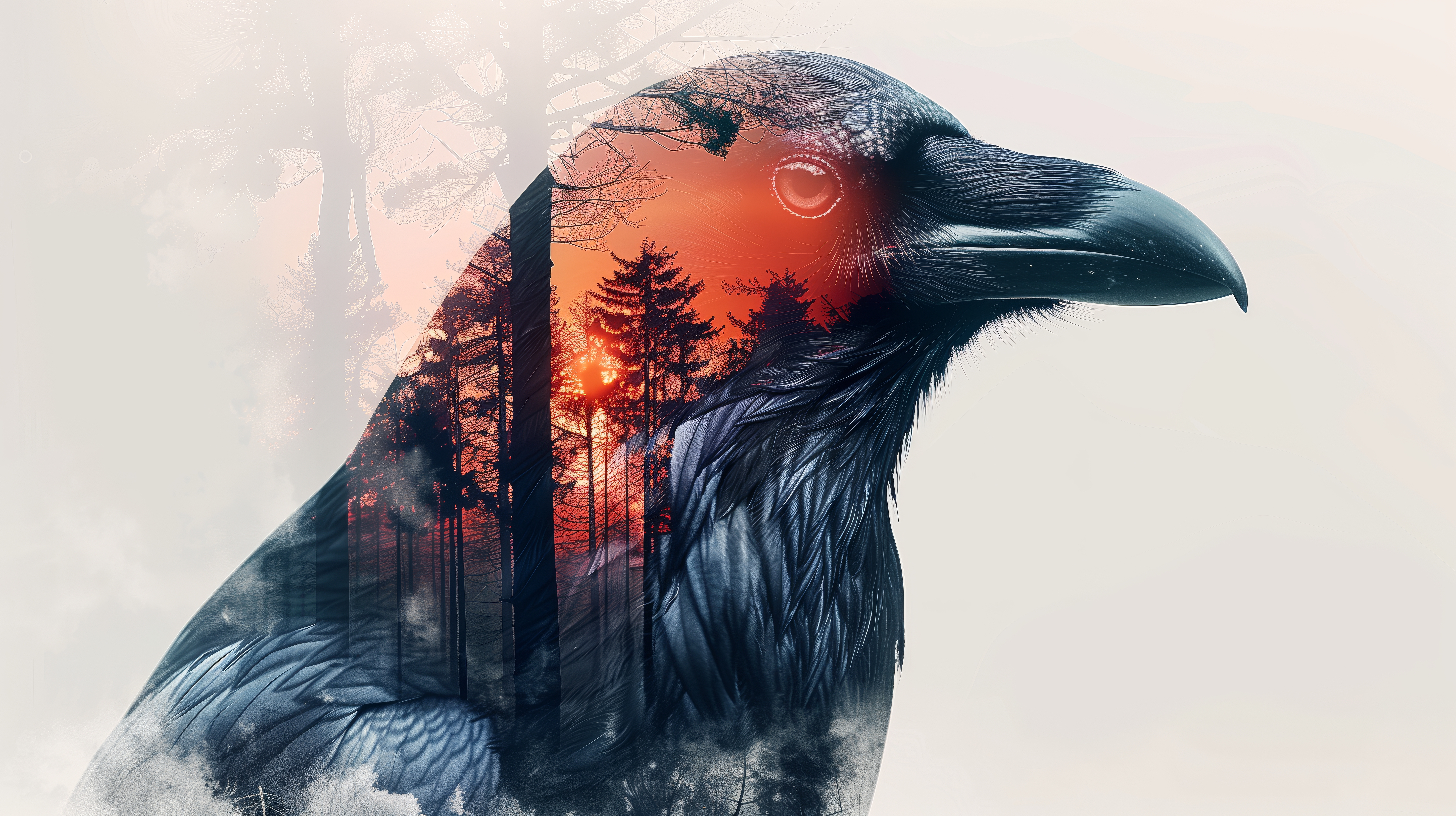 General 5824x3264 AI art birds raven double exposure forest