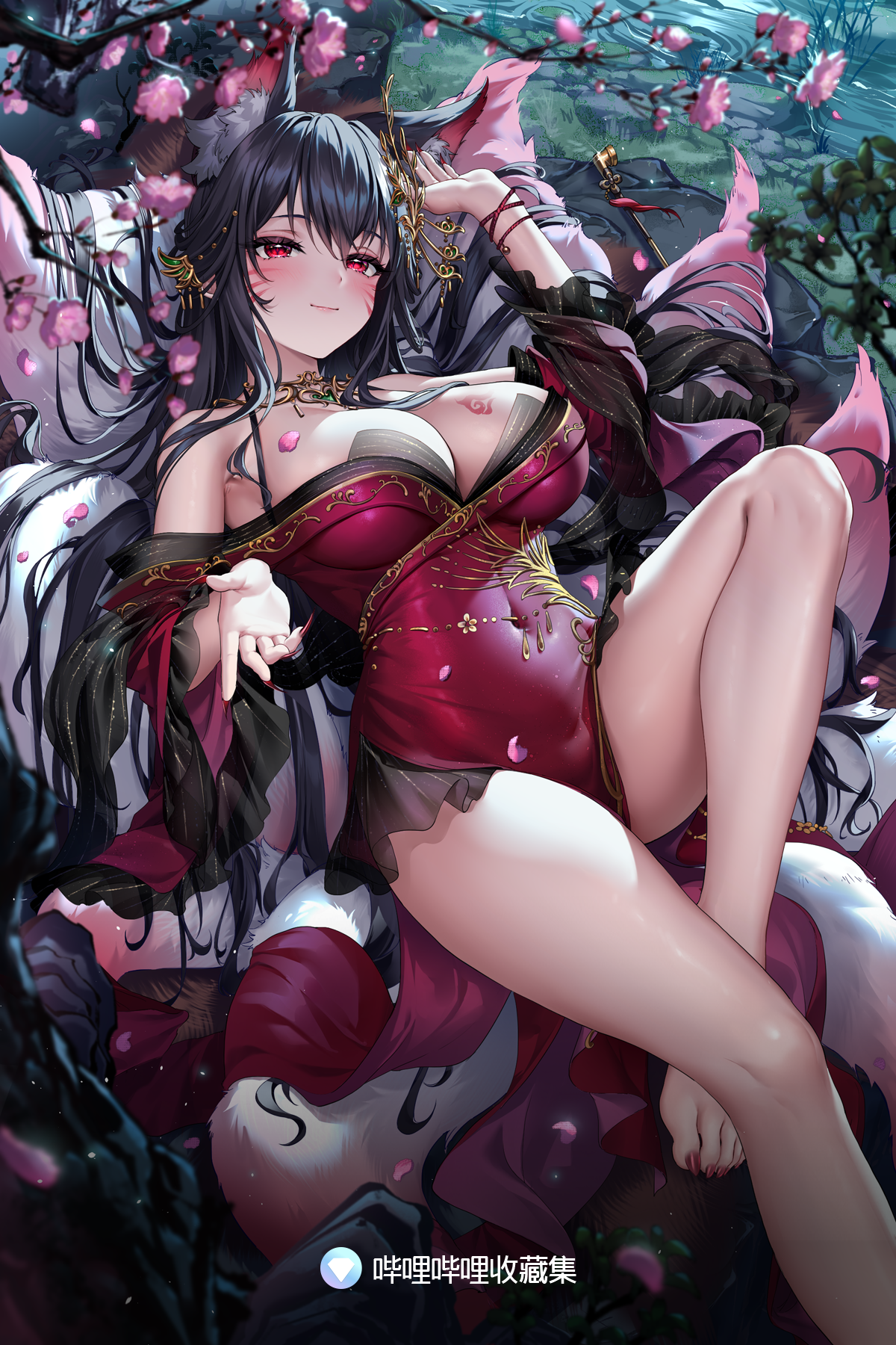 Anime 1200x1800 Xiang Tuizi huge breasts portrait display long hair looking at viewer barefoot red dress hair ornament women outdoors petals cherry blossom water smoking pipe flowers facial mark cleavage animal ears fox ears fox tail black hair