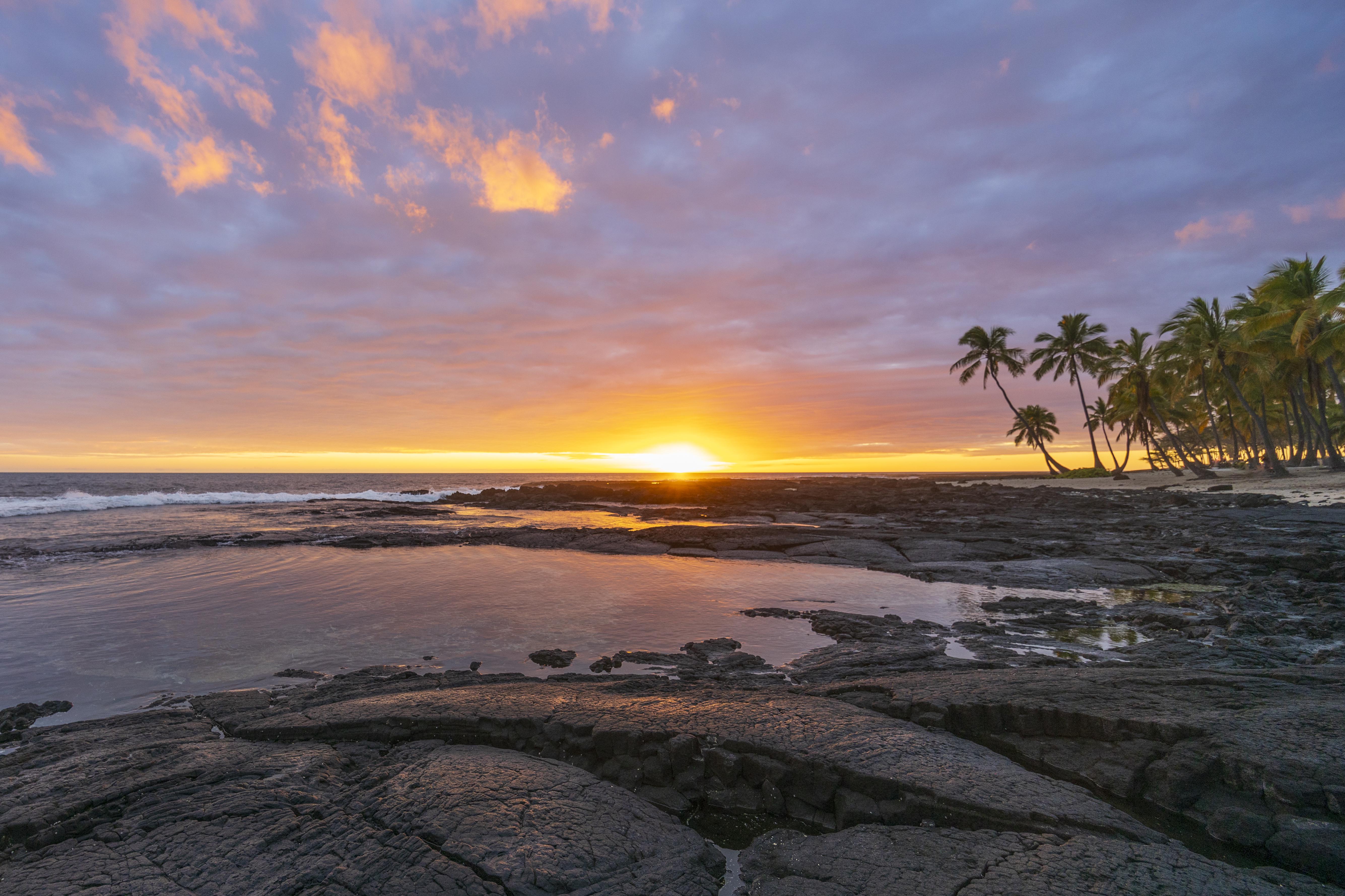 General 5340x3560 sunset clouds palm trees beach sea nature landscape rocks sand horizon