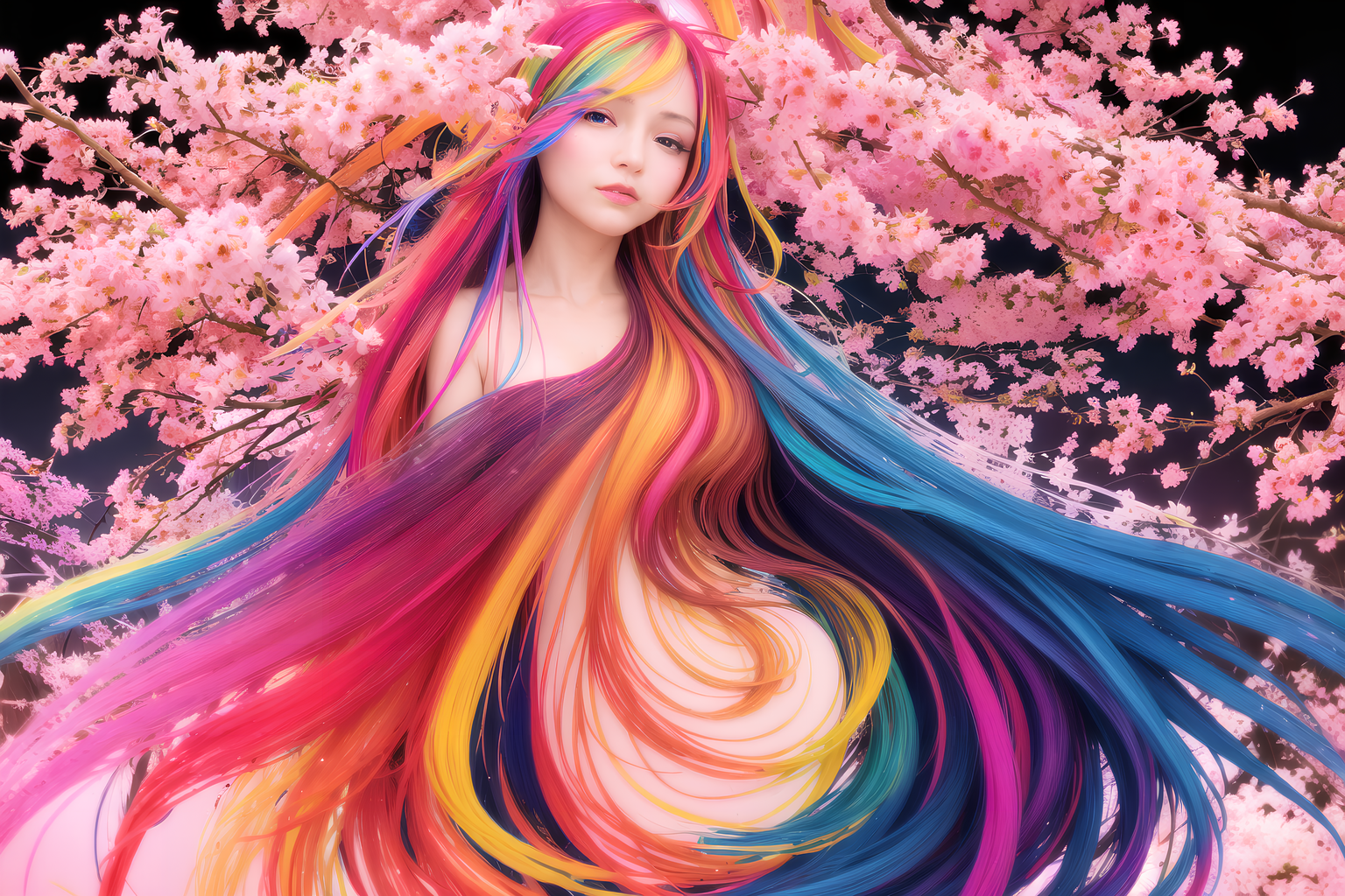General 1536x1024 women flower in hair AI art natural body landscape rainbow glare color correction fantasy art long hair looking at viewer colorful flowers
