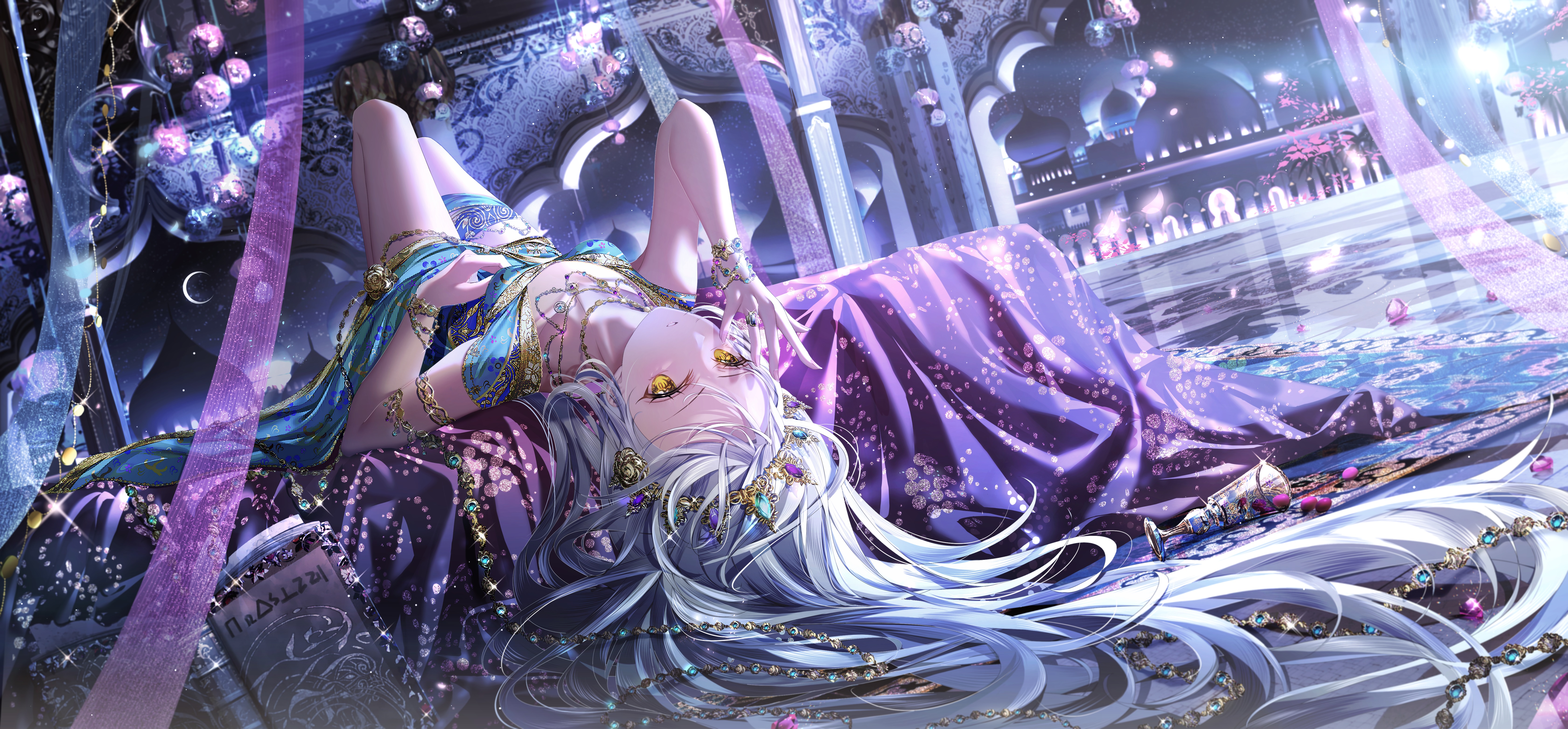 Anime 6721x3125 anime anime girls lying on back long hair looking at viewer yellow eyes silver hair bed