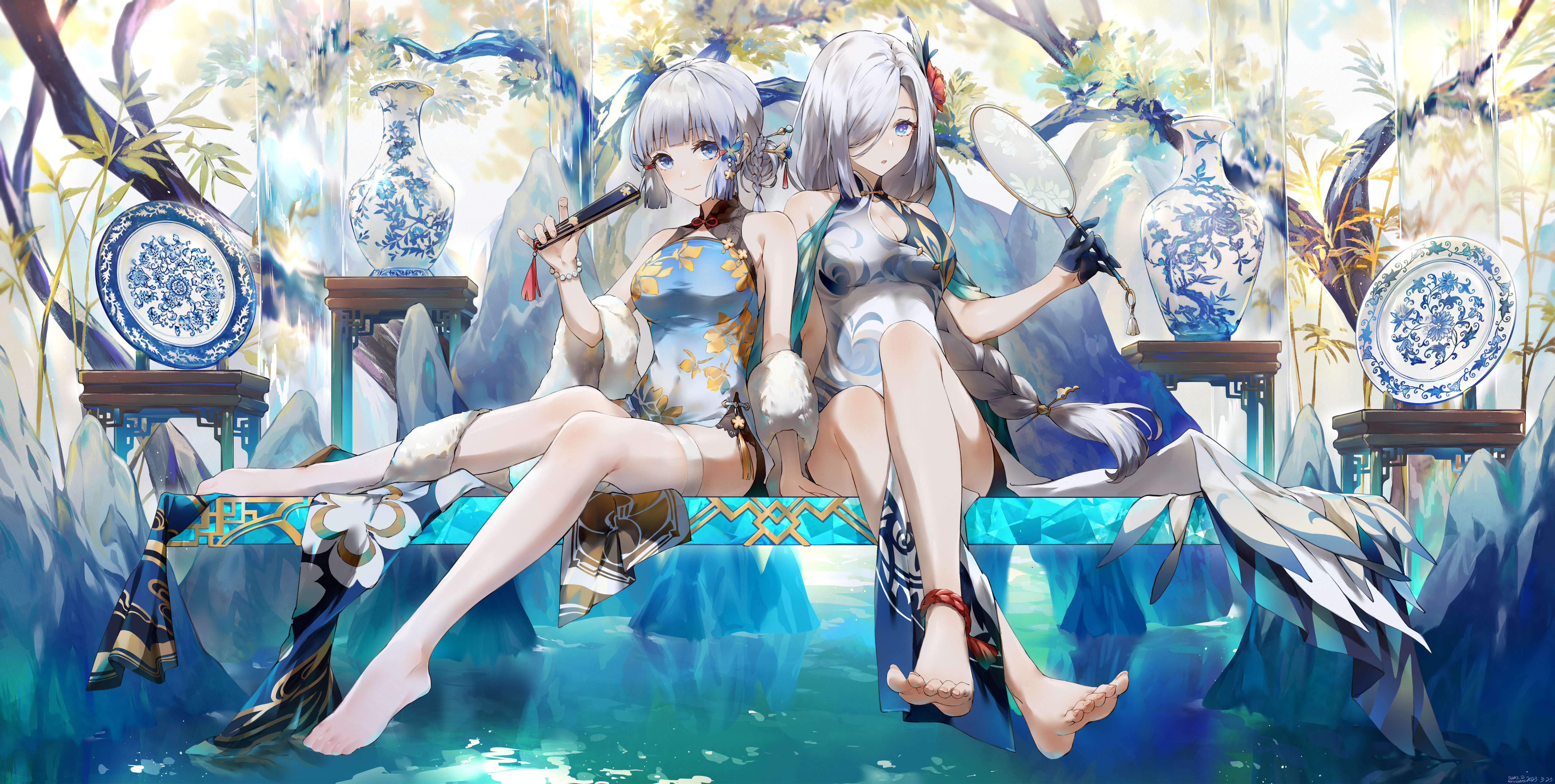 Anime 7442x3754 Genshin Impact anime Kamisato Ayaka (Genshin Impact) Shenhe (Genshin Impact) two women waterfall trees looking at viewer barefoot water Porcelain chinese dress legs crossed plates stockings fans hair over one eye vases