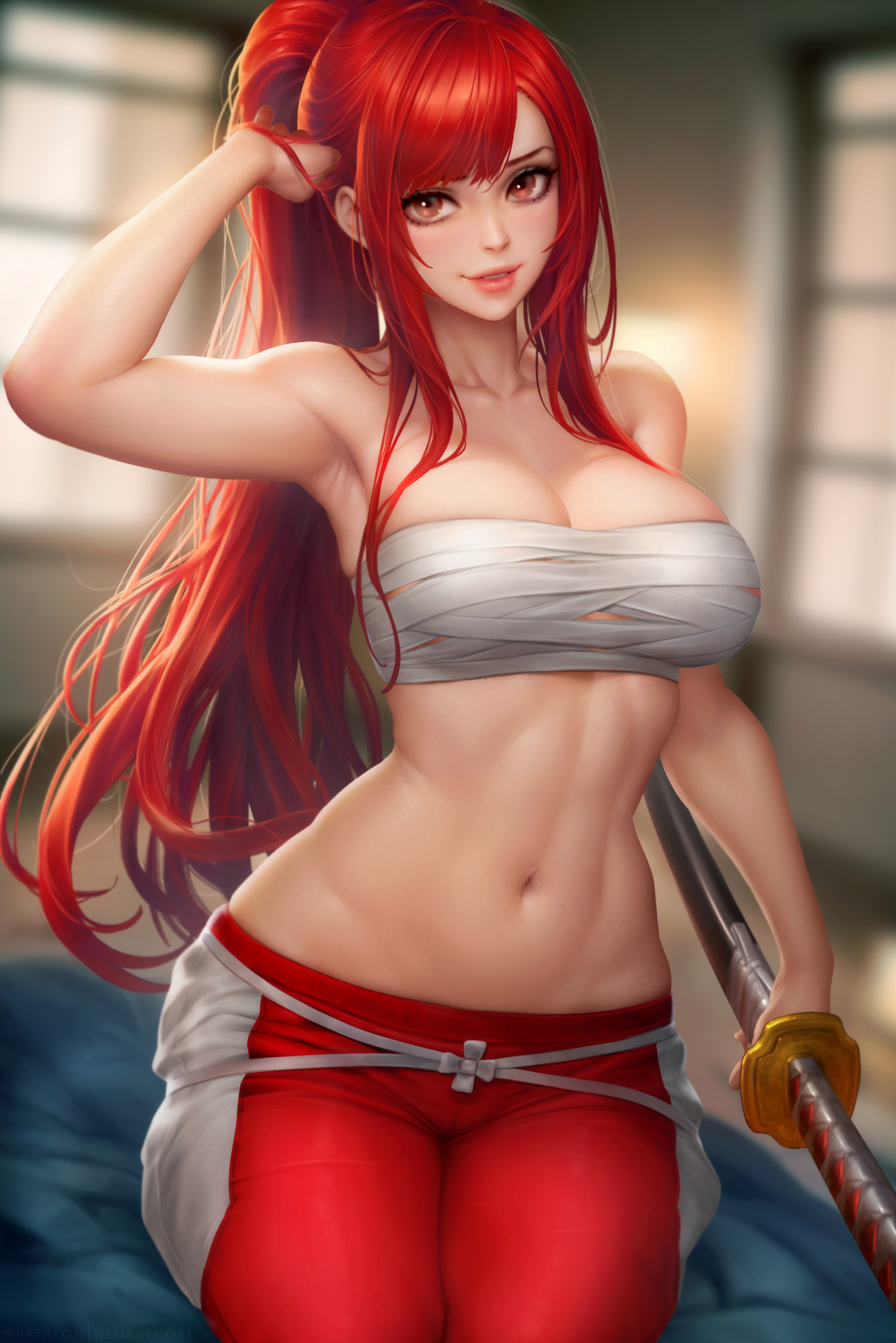 Anime 2400x3597 Scarlet Erza Fairy Tail anime anime girls 2D artwork drawing fan art NeoArtCorE (artist) sarashi belly portrait display long hair belly button sword bandages redhead ponytail looking at viewer smiling