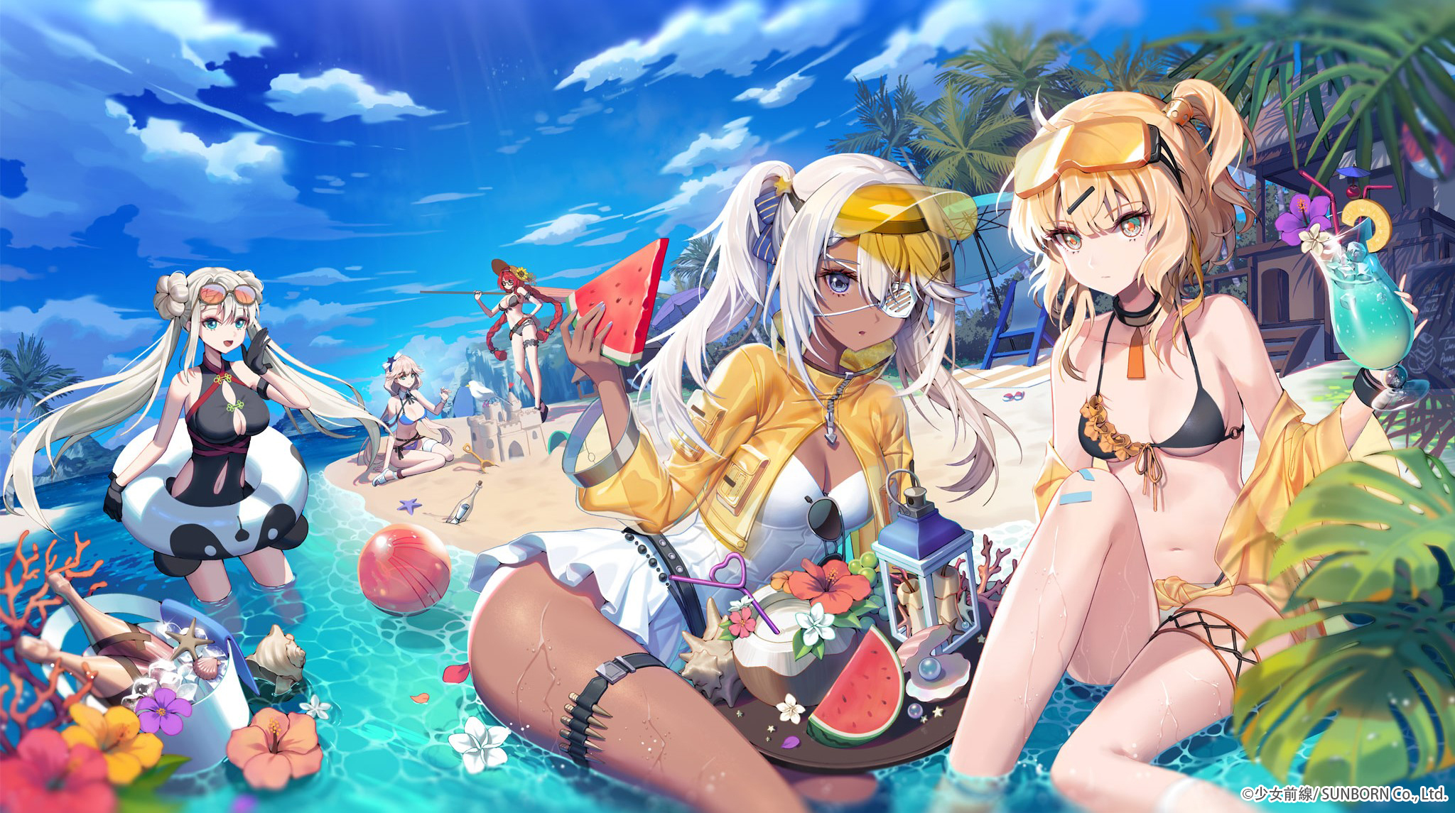 Anime 2048x1145 Lemonpear Girls Frontline anime girls watermelons beach group of women boobs cleavage water swimwear bikini one-piece swimsuit food drink flowers hibiscus wet body wet beach ball seashells alcohol long hair sand castle legs floater petals leaves palm trees plants bottles sky clouds looking at viewer twintails hairbun braids choker coral reef women on beach fruit women outdoors eyepatches