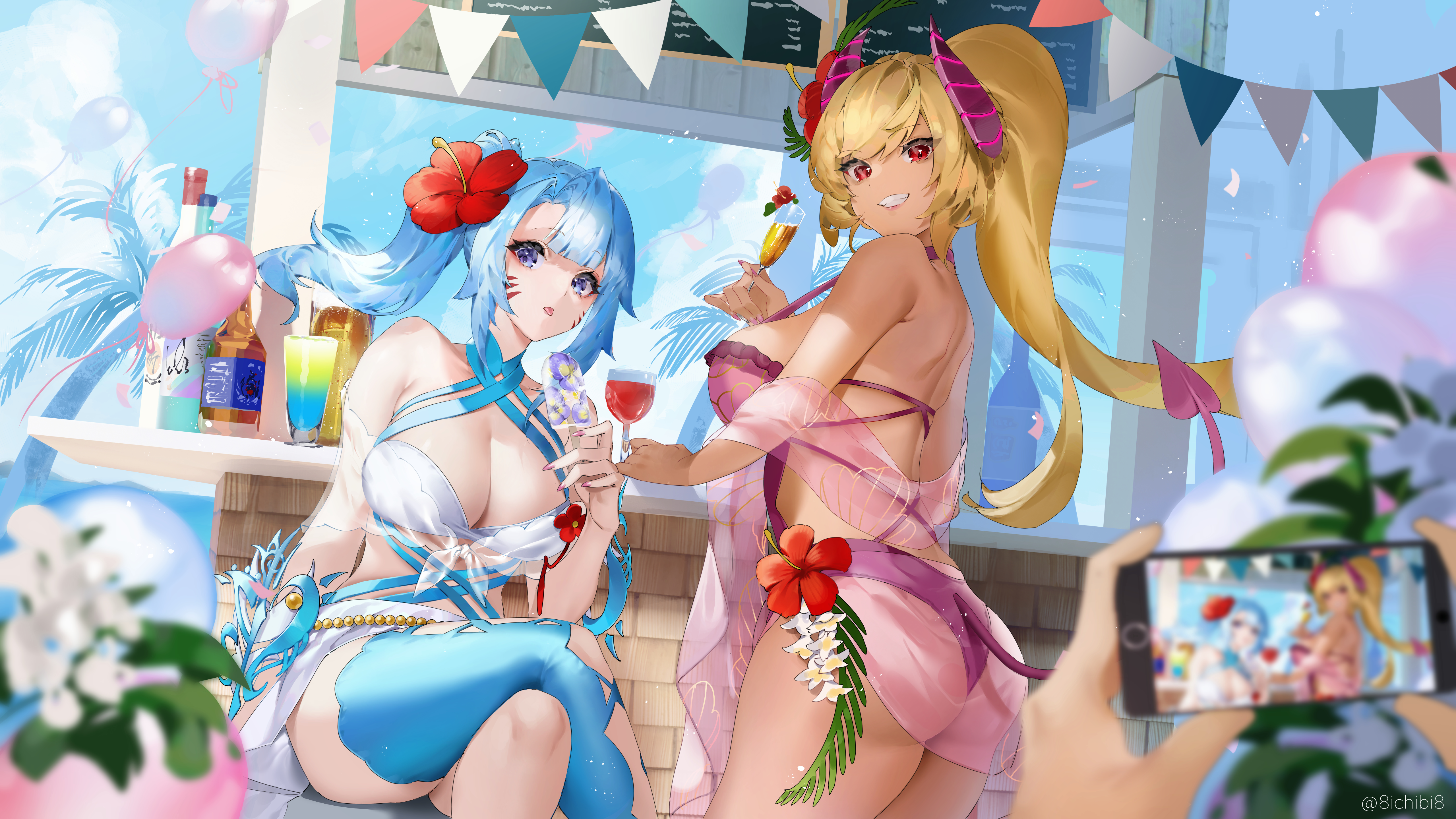 Anime 5120x2880 Ichibi two women anime girls looking back Akashic Chronicle horns tail legs crossed flowers hibiscus leaves long hair light blue hair boobs cleavage bikini swimwear alcohol red eyes blue eyes balloon sideboob bareback palm trees missing stocking ice cream wine glass eating smiling looking at viewer clouds Side ponytail ponytail anime girls eating tongue out taking photo flag POV bottles smartphone phone flower in hair