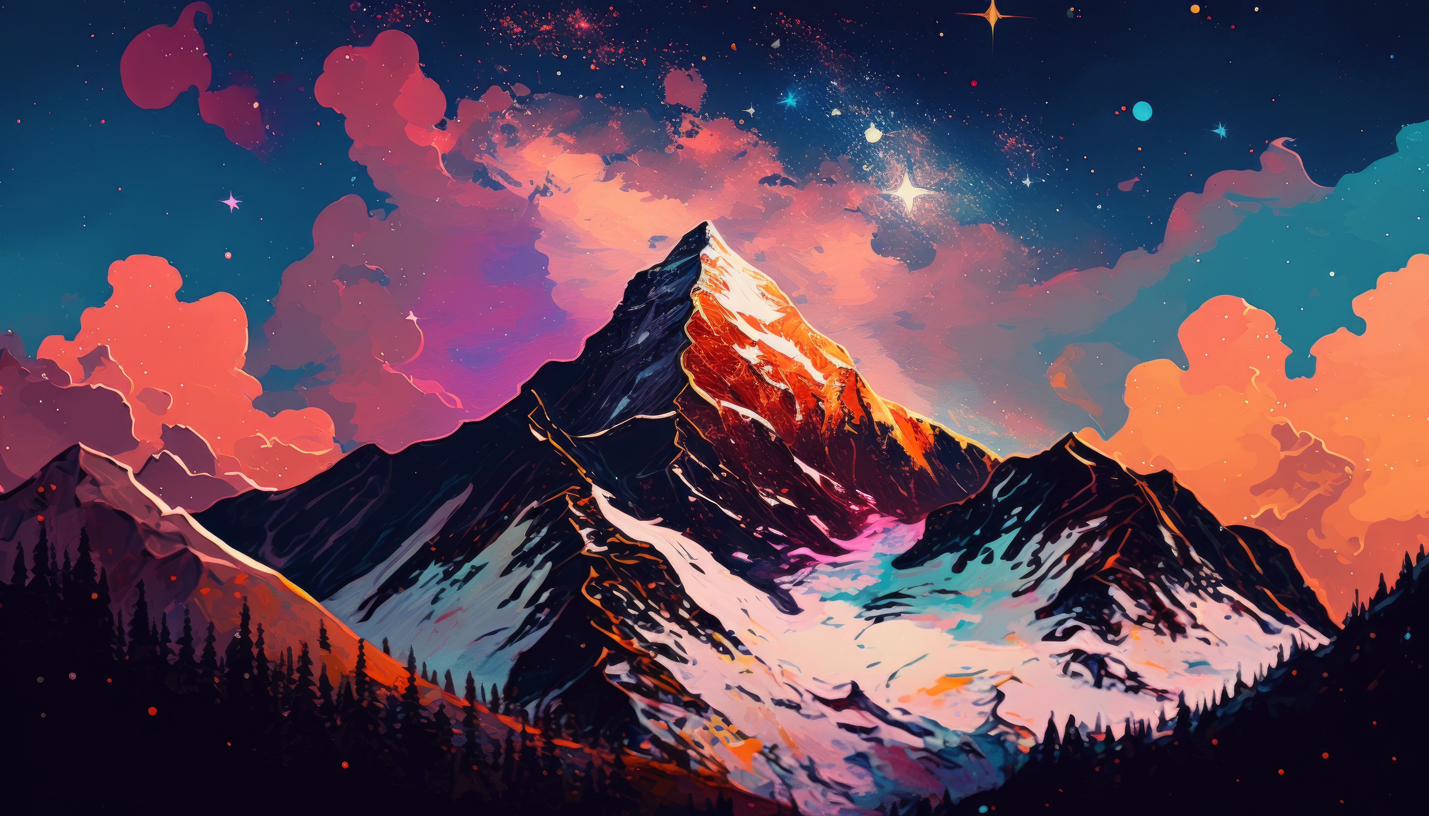 General 4579x2616 AI art mountains snow painting nature stars sky clouds Paramount