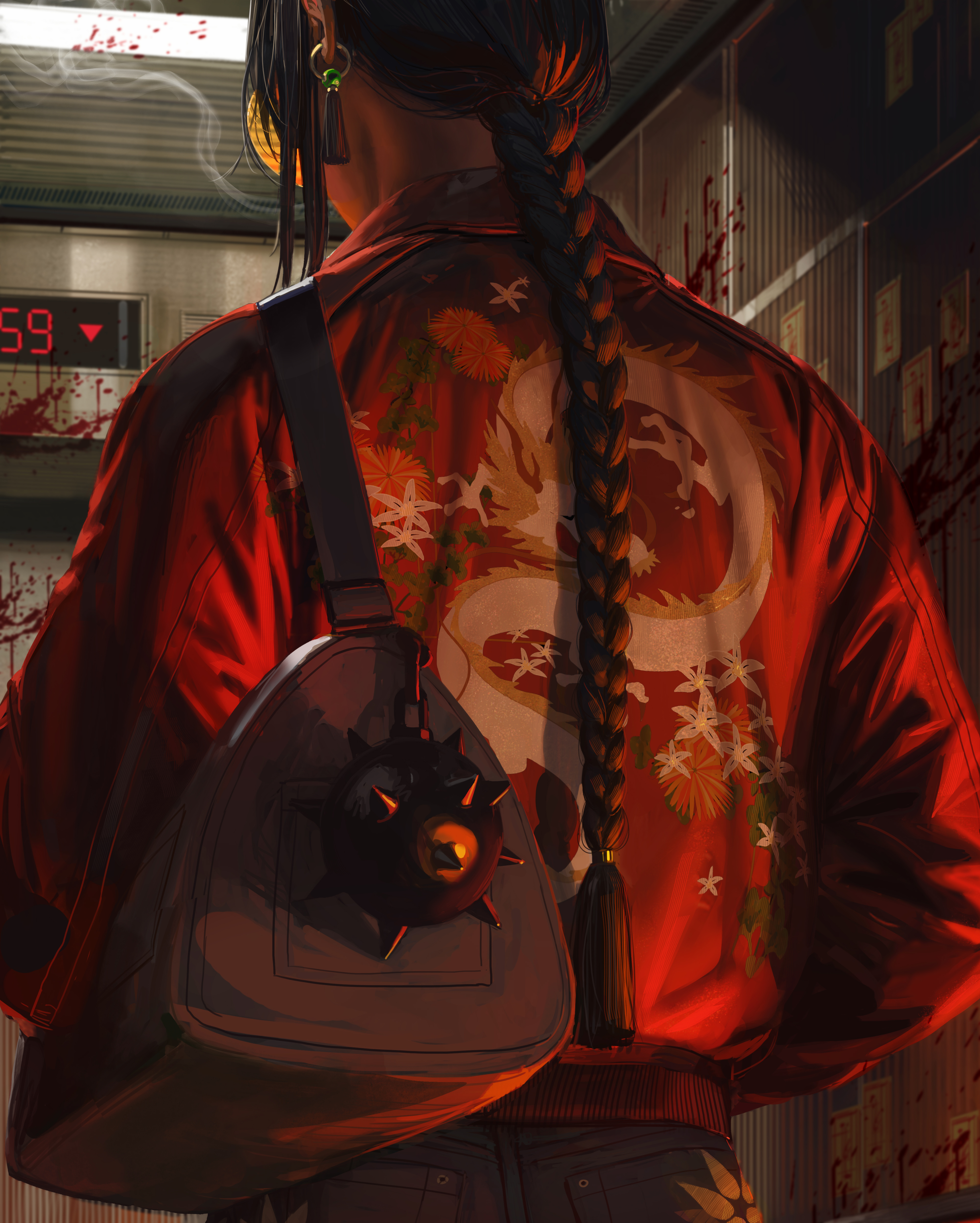 General 4000x4990 digital art artwork illustration women long hair dark hair details GUWEIZ portrait display smoke Chinese dragon bag red jackets braids