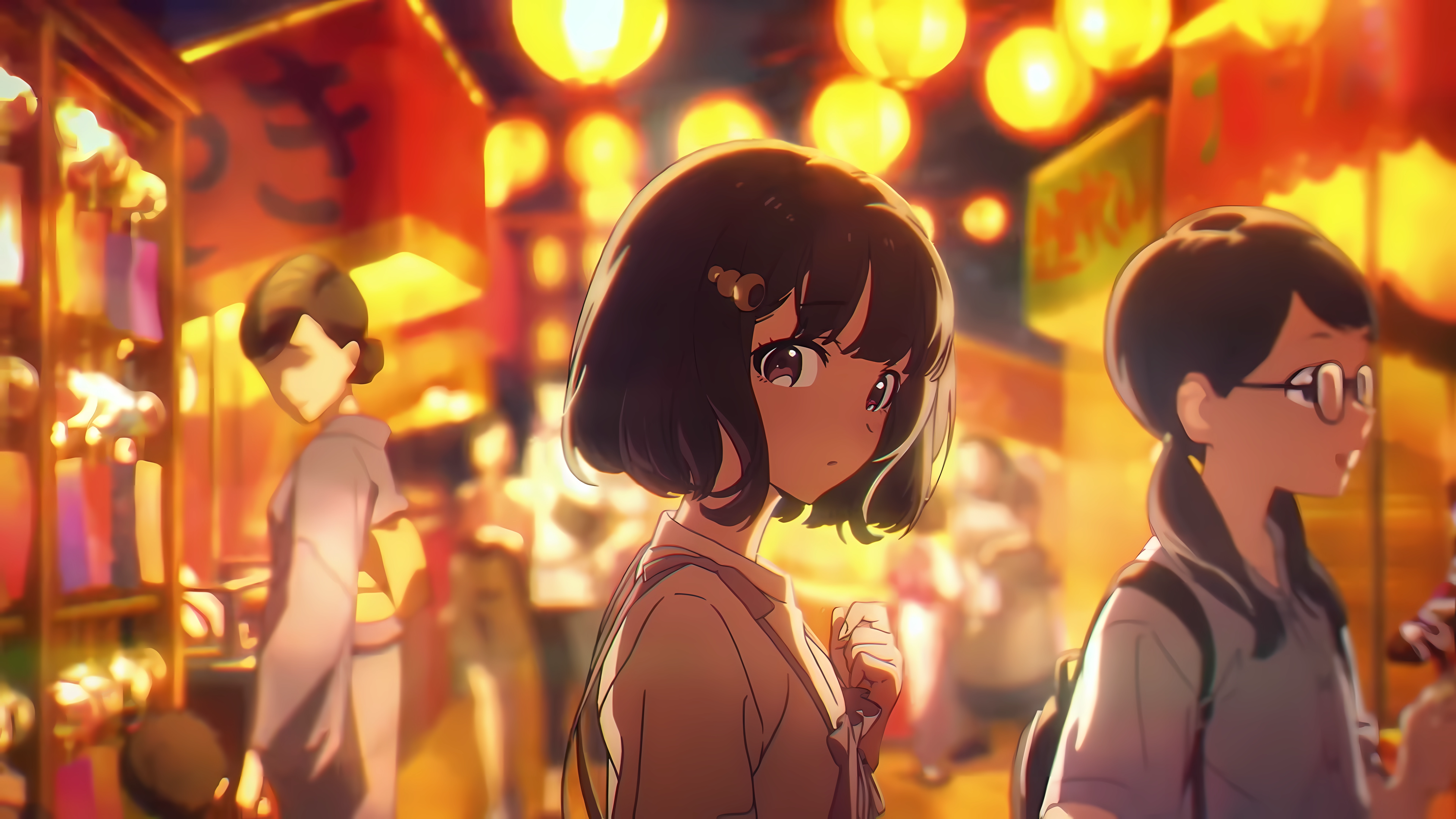 Anime 7680x4320 yoneyama mai anime girls anime screenshot short hair looking at viewer glasses lights lantern