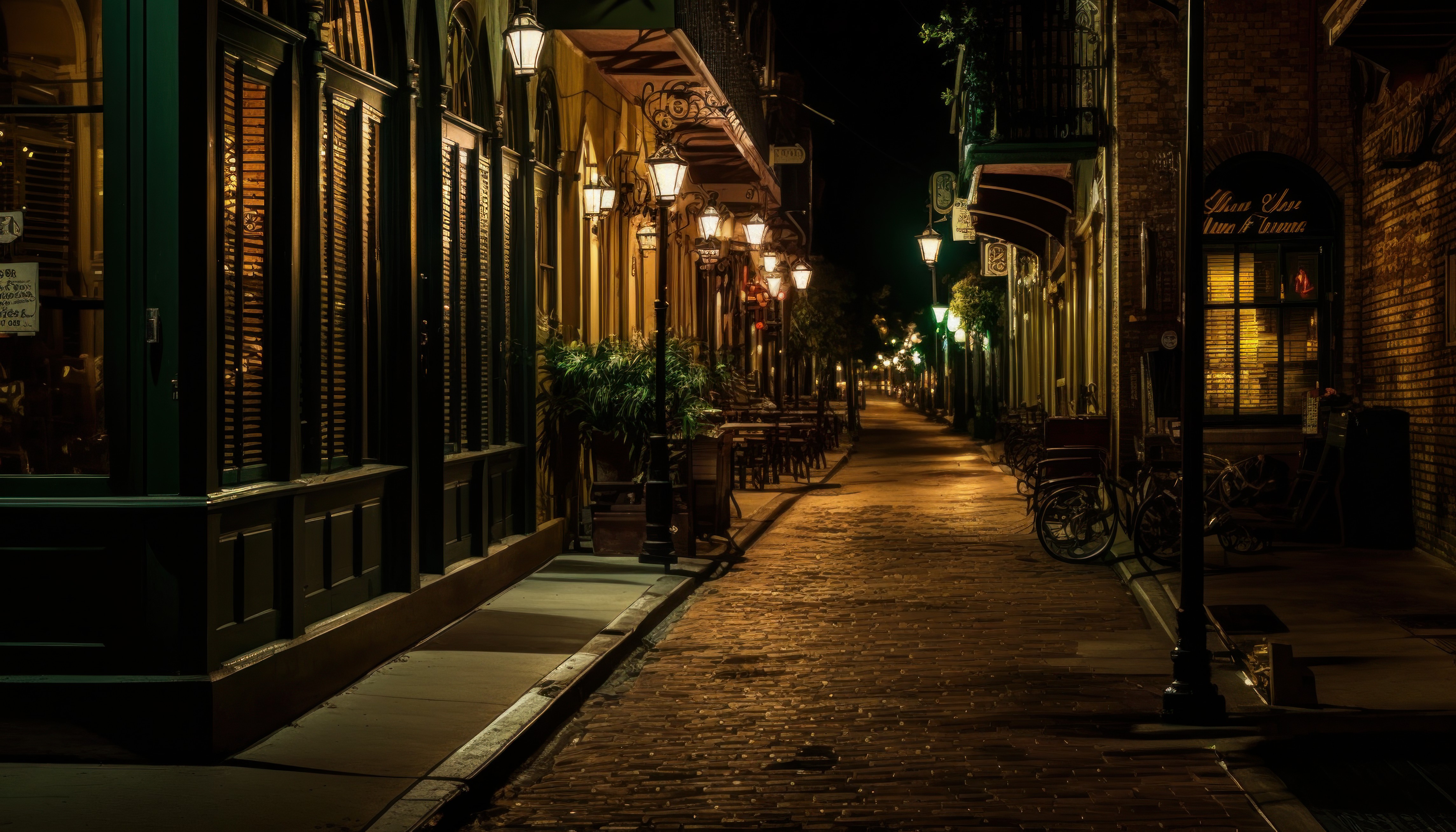General 4579x2616 AI art city alleyway New Orleans night street light architecture wheelchair building