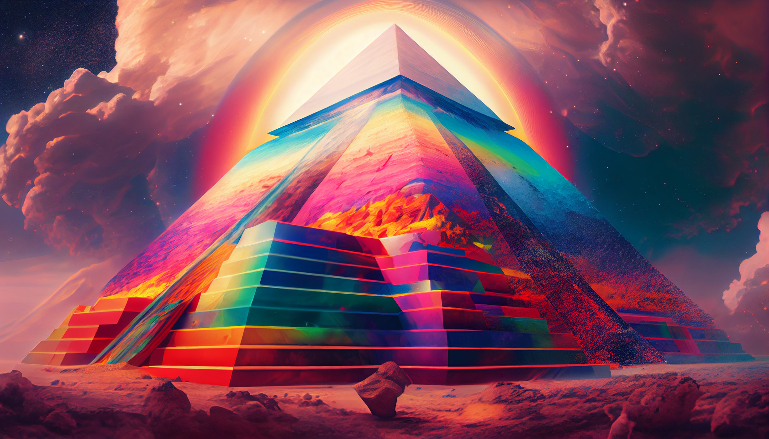 General 2688x1536 pyramid overcast AI art Midjourney landscape architecture trippy spectrum colorful desert stars