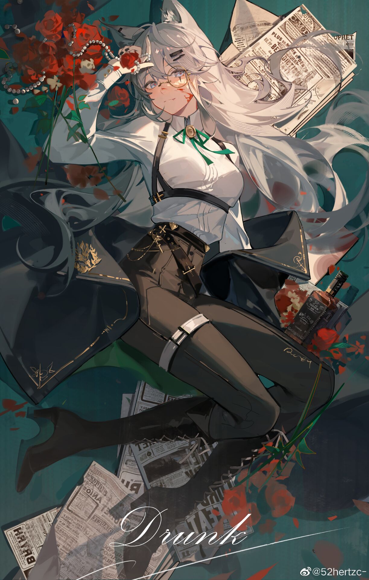 Anime 1223x1920 anime girls Arknights Lappland (Arknights) long hair alcohol drink flowers petals watermarked newspapers looking at viewer smiling lying down lying on back white hair blue eyes