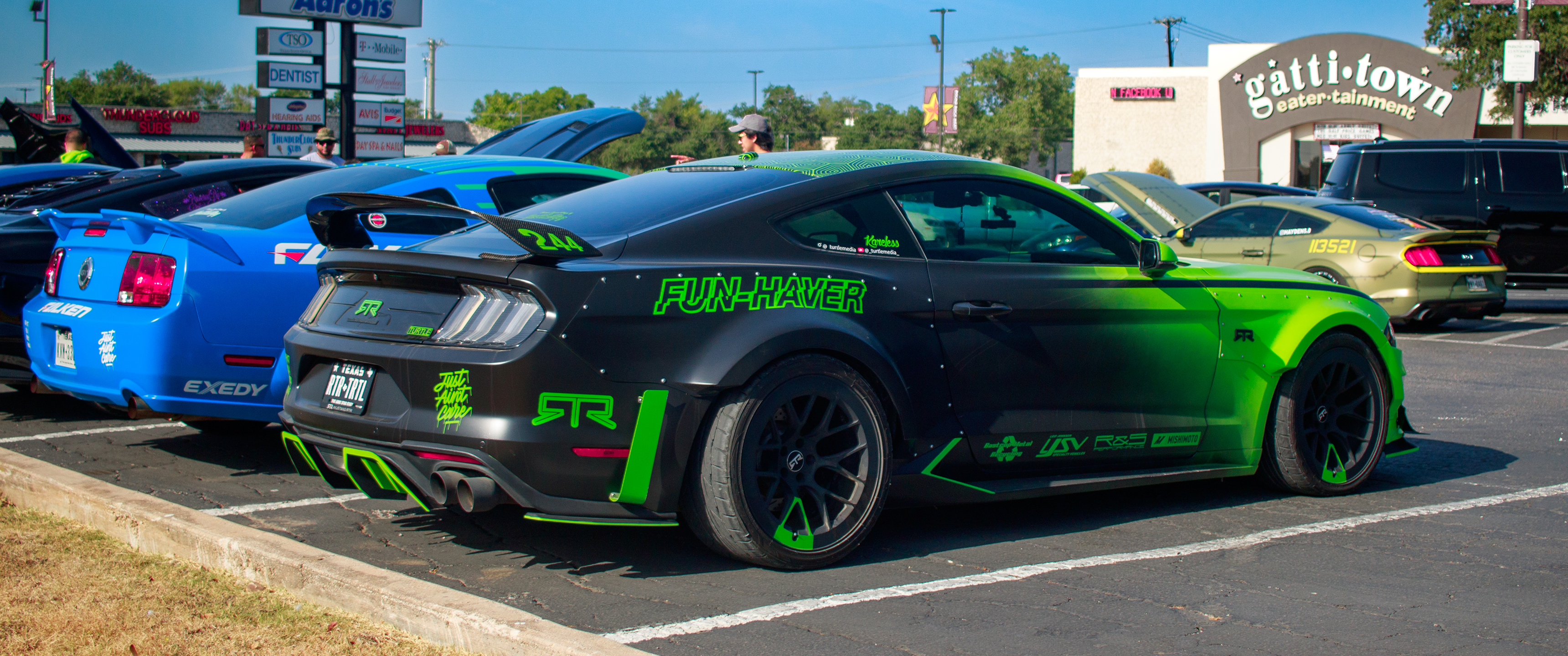 General 3440x1440 car Ford Mustang widebody Ford Mustang RTR sunlight rear view gradient vehicle trees muscle cars American cars