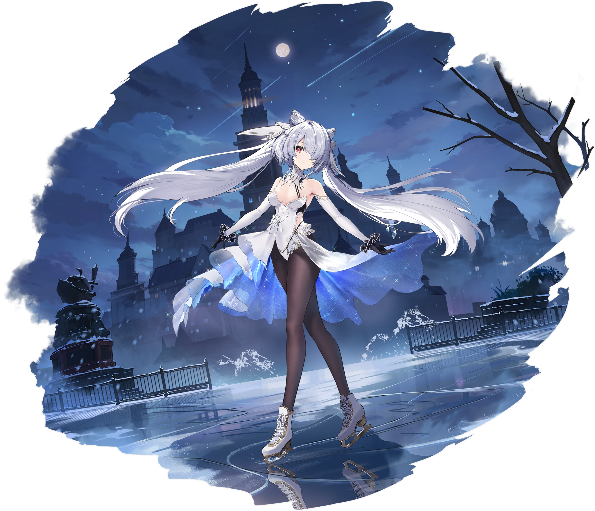 Anime 2048x1758 anime girls Azur Lane standing reflection ice skate long hair sky stars night clouds hair over one eye looking at viewer ice elbow gloves twintails Moon shooting stars pantyhose dress Kiev (Azur Lane)