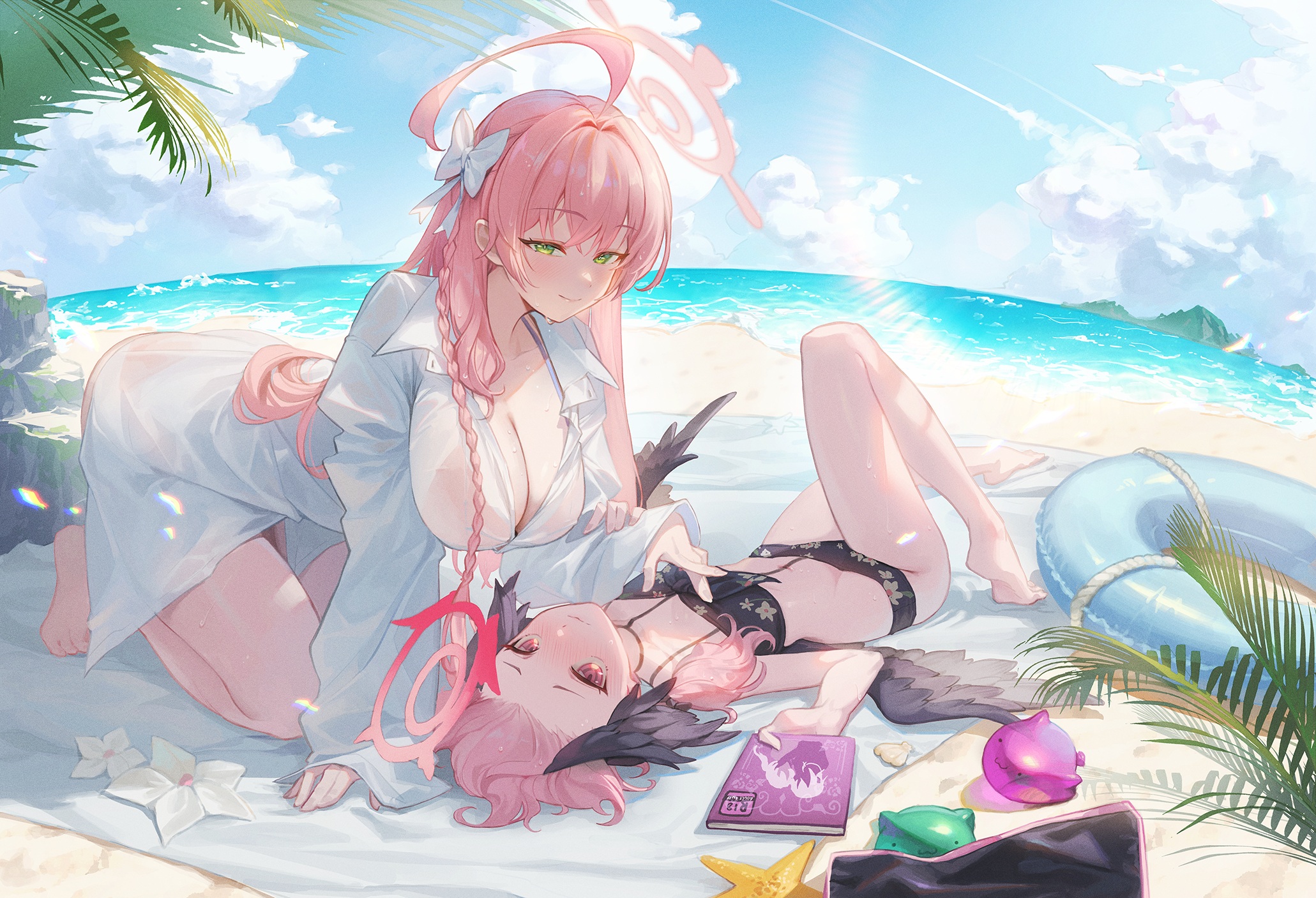 Anime 2061x1407 anime anime girls Blue Archive beach Hanako (Blue Archive) Shimoe Koharu (Blue Archive) cleavage big boobs bent over braids sky clouds water lying down lying on back swimwear starfish sand floater sunlight hair bows pink hair flowers palm trees wings seashells