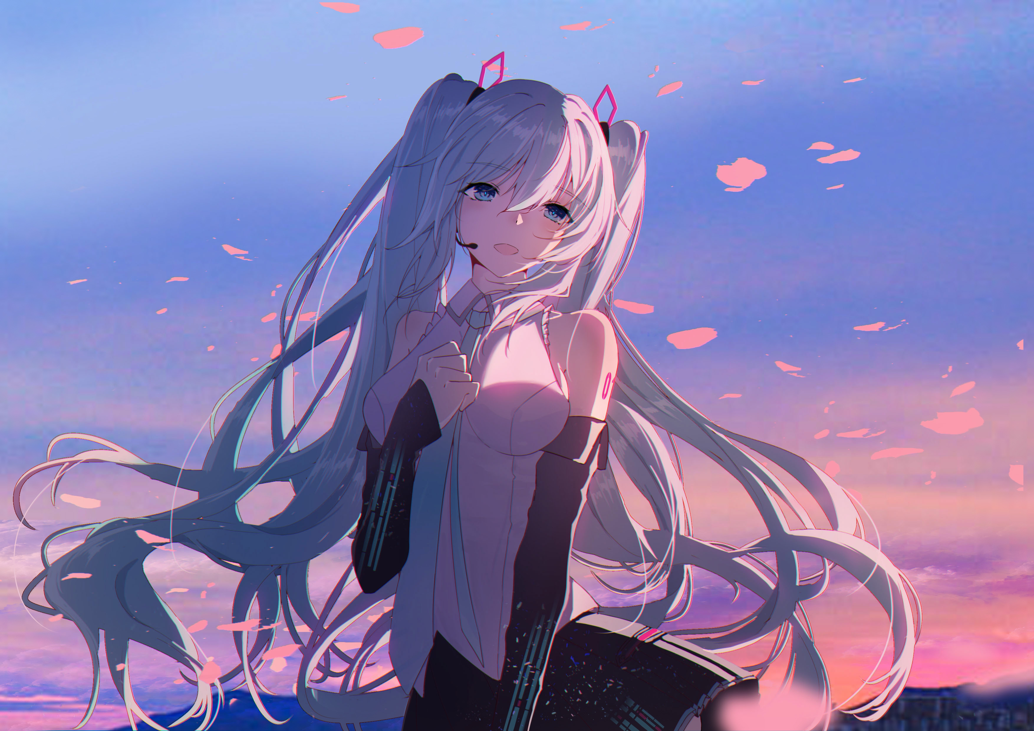 Anime 3508x2480 anime Pixiv Hatsune Miku Vocaloid twintails long hair blue eyes blue hair sky clouds open mouth petals looking at viewer simple background minimalism sunset sunset glow anime girls