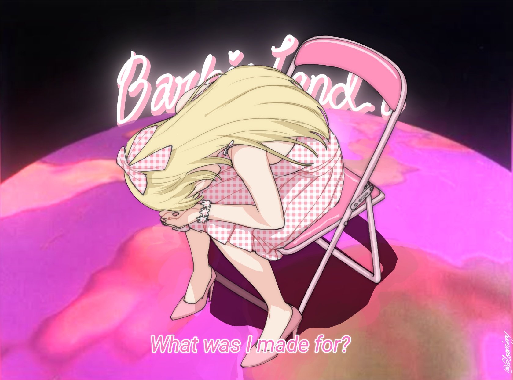 Anime 1679x1246 Neon Genesis Evangelion Barbie Barbie (2023) parody sitting blonde chair memes depressing simple background minimalism dress anime girls heels