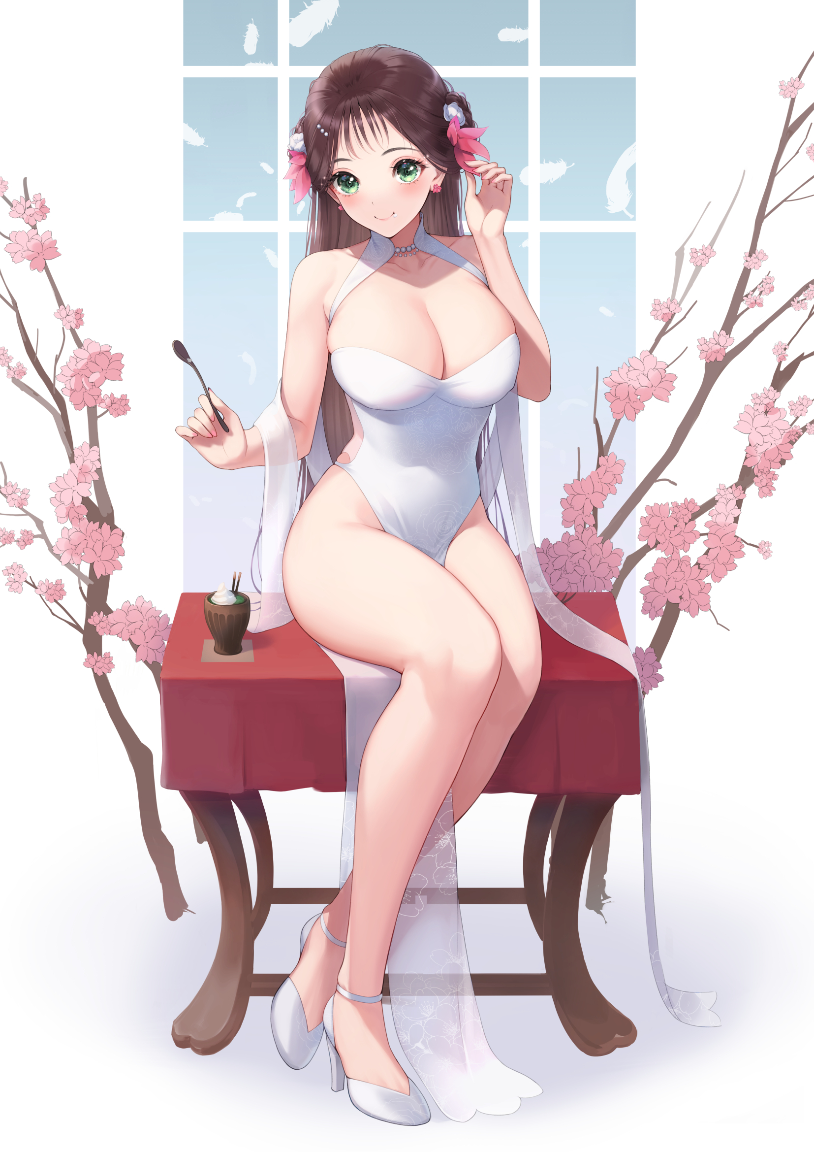 Anime 1654x2339 anime girls portrait display Minato Asuka brunette green eyes huge breasts white leotard cleavage hair ornament flowers cherry blossom sitting bare shoulders smiling simple background spoon leotard looking at viewer white background heels white heels sleeveless minimalism ice cream flower in hair thighs